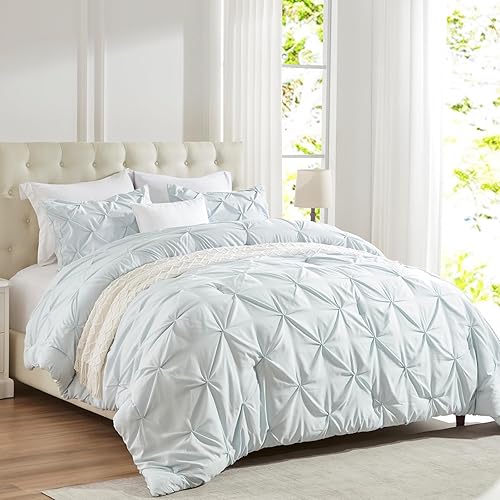 Miniatura 7 de NexHome Juego de edredón tamaño Queen con diseño de pintuck de color azul bebé, de microfibra plisada suave, ligero, alternativo al plumón para