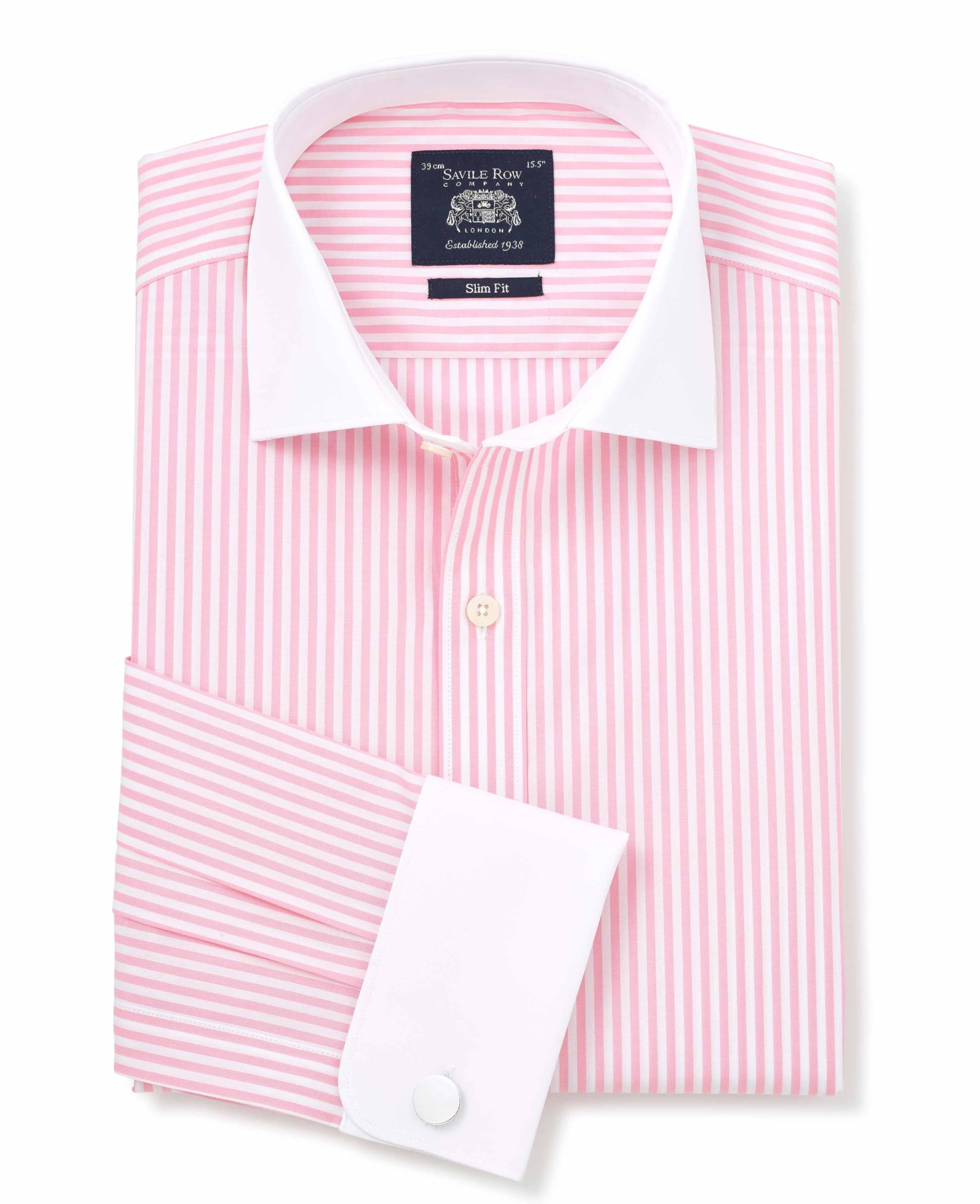 THE SAVILE ROW COMPANY LONDON Men's Slim Fit Cotton Poplin Winchester Double Cuff Formal Shirt - Pink White Stripe - 16.5" Collar