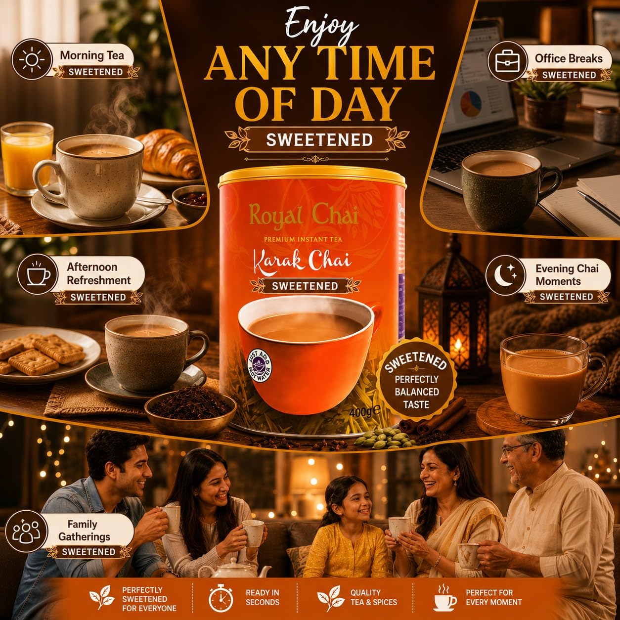 Royal Chai Karak Chai gesüßte Dose 400g (6 Stück) - Premium Instanttee - Karak Tee - Natur - Instant Kark Indianer Tee