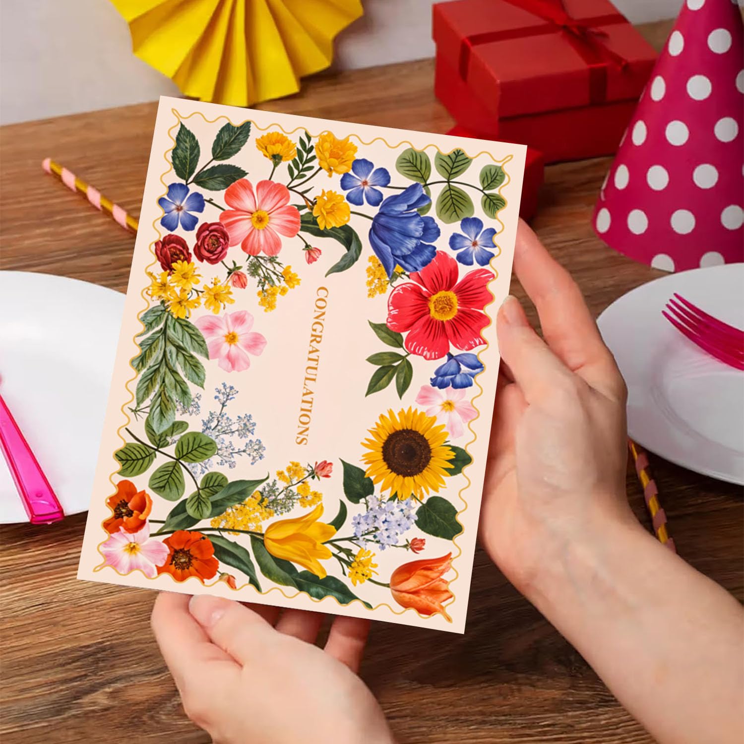 Party Propz Congratulations Greetings Card - Set of 1 Pc Best Wishes Card For Gift Packing | Gift Cards | Congratulations Wedding card | Anniversary Cards | Multicolor Floral Print (Cardstock)