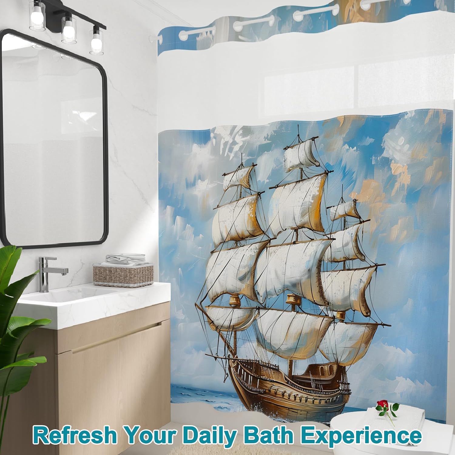 Nautical Blue Shower Curtain with Removable Liner, Shower Curtain No Hooks with See Through Window, Double Layer Fabric Shower Curtains, Coastal Voyage Ship Design for Bathroom Decor, 71x74 Inch