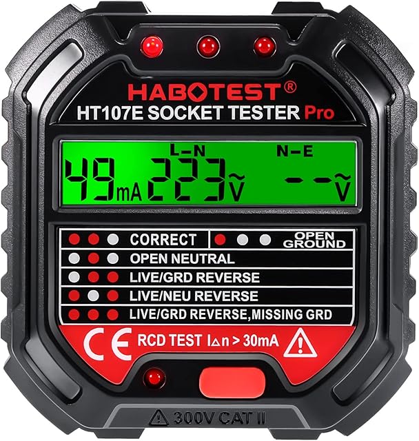 Konesky HT107E Socket Tester with LCD Display Digital Electrical Voltage Tester, 90-250V Digital Circuit Breaker Detector Electric Circuit Polarity Finder Voltage Detector Rcd Plug Tester Mains