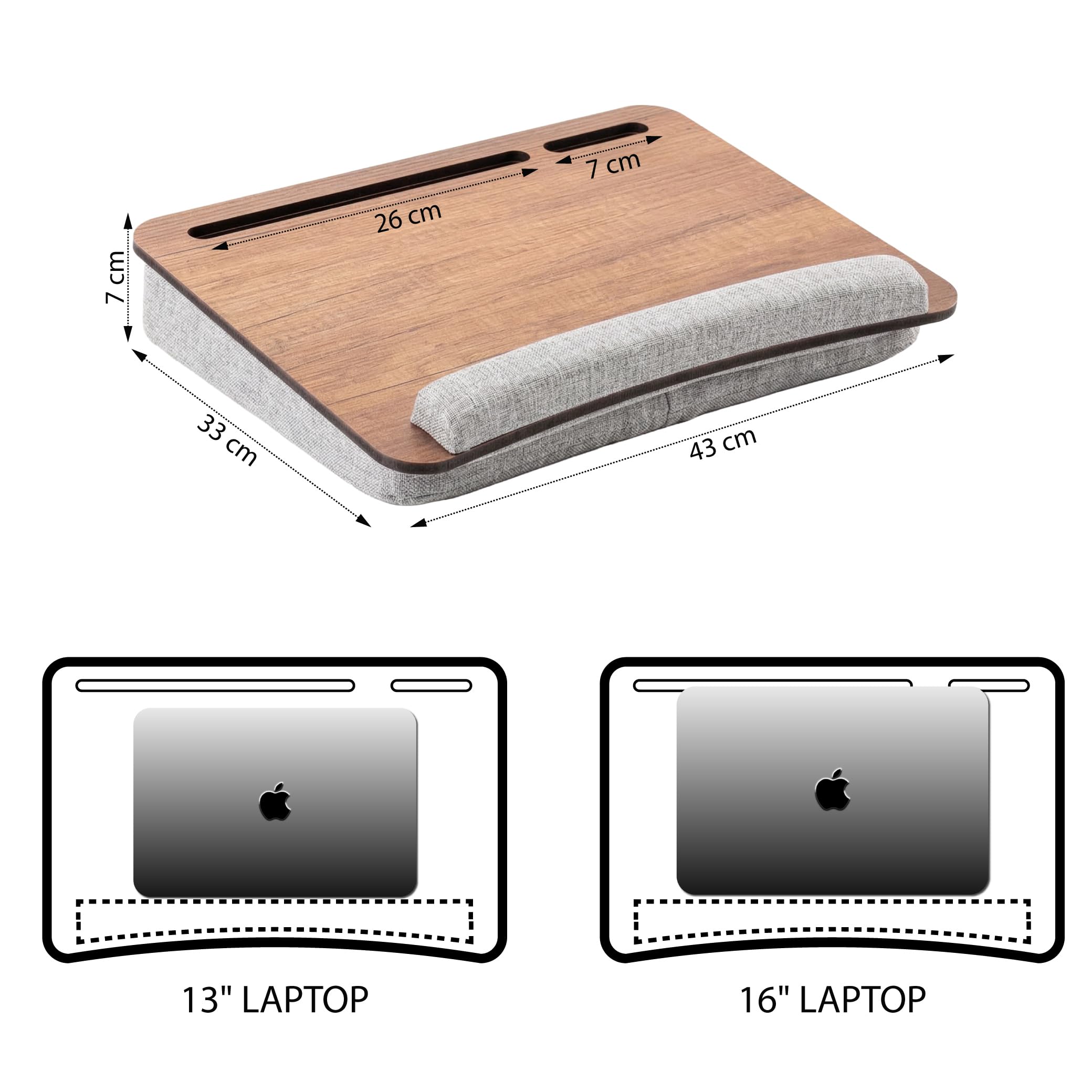Vigo Wood Support d'Ordinateur Portable avec Coussin et Repose-Poignet, Table de Lit Portable pour Home Office avec Emplacement pour Tablette & Téléphone (Noyer)