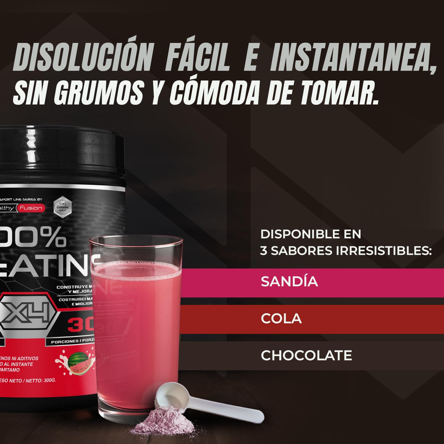 Healthy Fusion 100% Creatina Monohidrato, Alta dosis | 10gr de Creatina por toma | Promueve el crecimiento muscular y mejora la resistencia física | Alta solubilidad | 300g sabor sandía