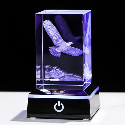 Miniatura 1 de Movdyka Figuras de águila grabadas en 3D de cristal, regalos para hombres con base de luz colorida, estatua de águila de animales, adorno de