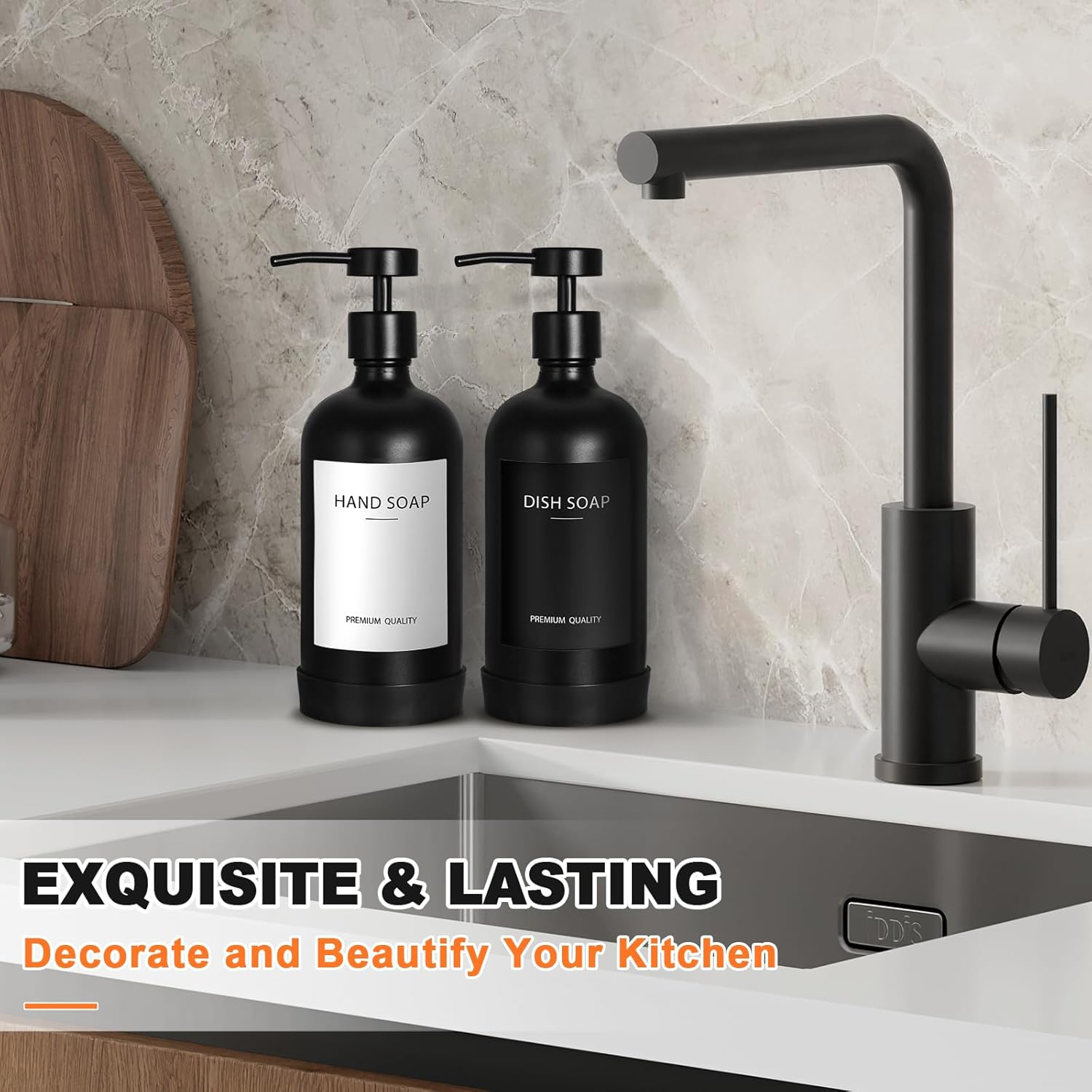 Black Glass Soap Dispenser with Stainless Steel Pump, 16.9 Fl oz Soap Dispenser Set for Kitchen, Matte Black Hand Dish Soap Dispensers for Kitchen and Bathroom, Lotion Dispenser Bathroom Decor - Image 6