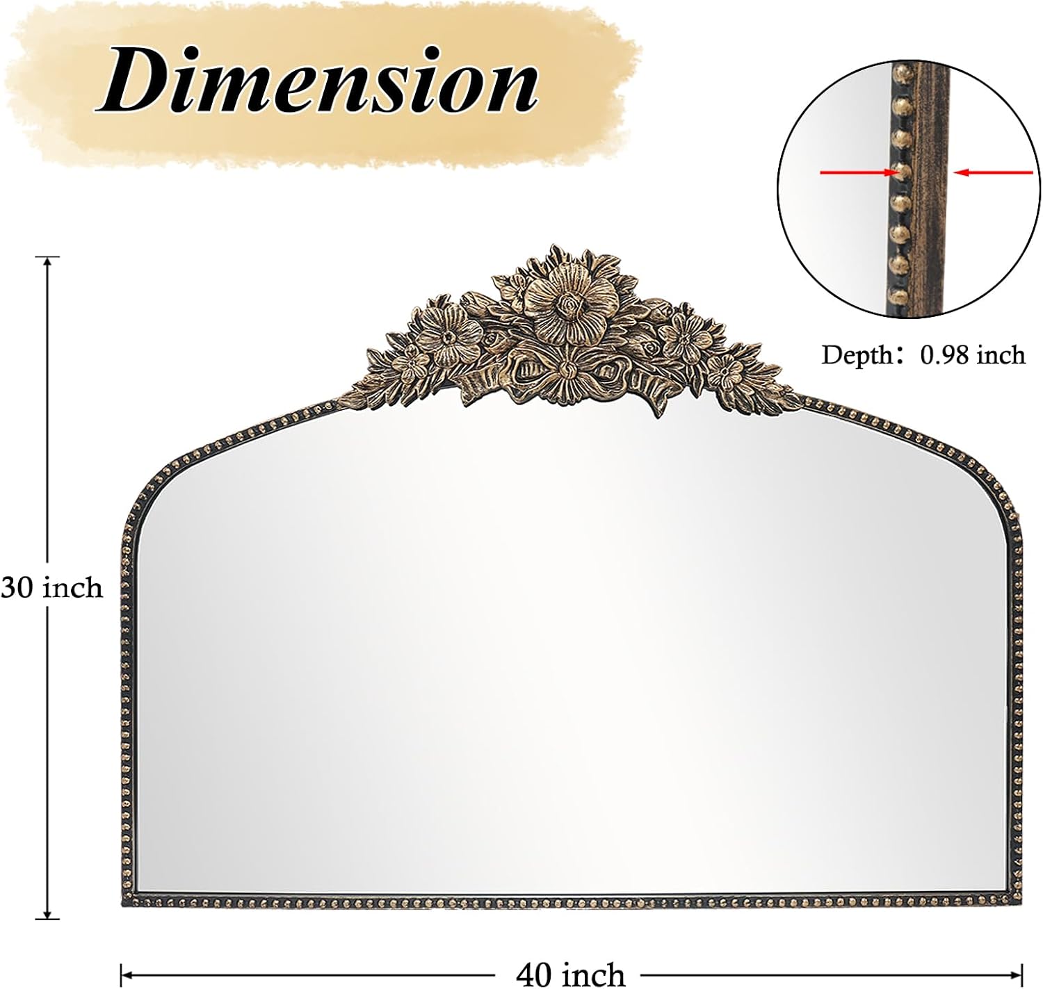 Arch Antique Black Mirror,40x30inch Baroque Style Vintage Mirror, Metal Frame Wall Mirror, Traditional Art Home Decor for Living Room, Bedroom, Entryway