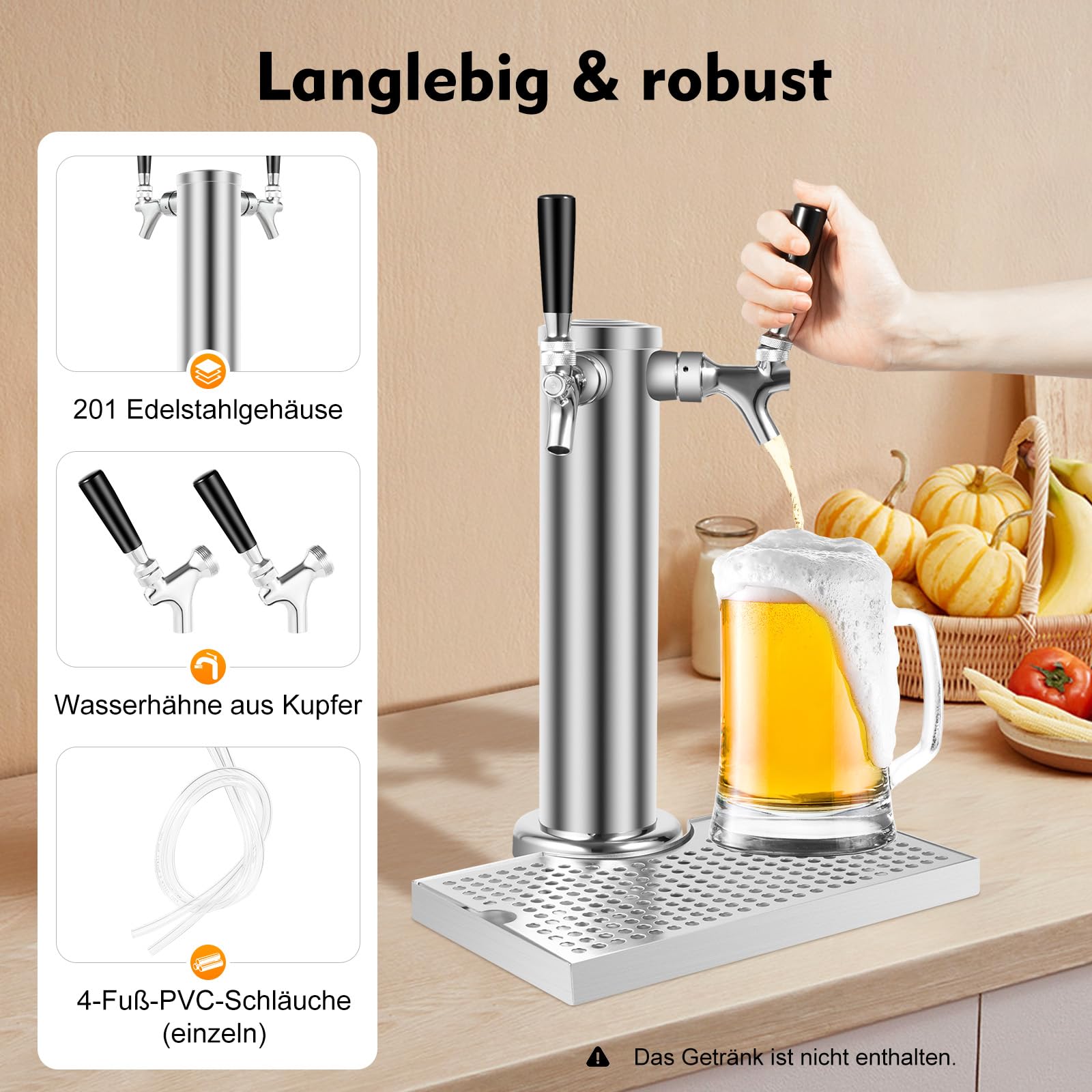 Dispensador de cerveza con doble grifo de acero inoxidable con bandeja de goteo extraíble, dispensador de bebidas para bares, apartamentos, restaurantes, cafeterías, etc