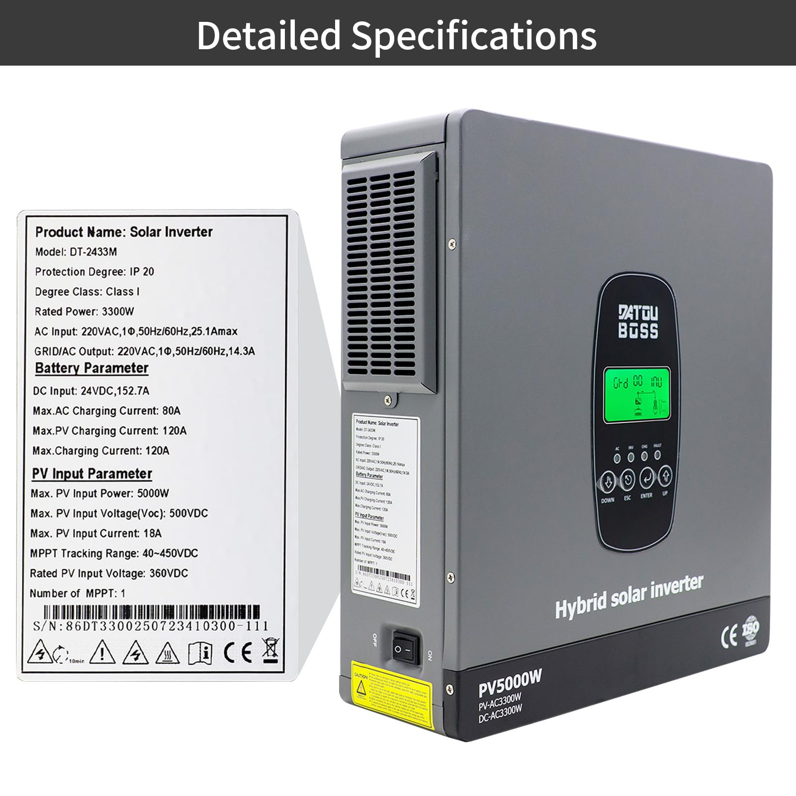 DATOUBOSS 3300W 24V Hybrid Wechselrichter Reiner Sinus, 120A MPPT 5000W PV, 24V auf 230V, Off-Grid Solar Inverter, BMS kompatibel, für Blei- & Lithium-Batterien