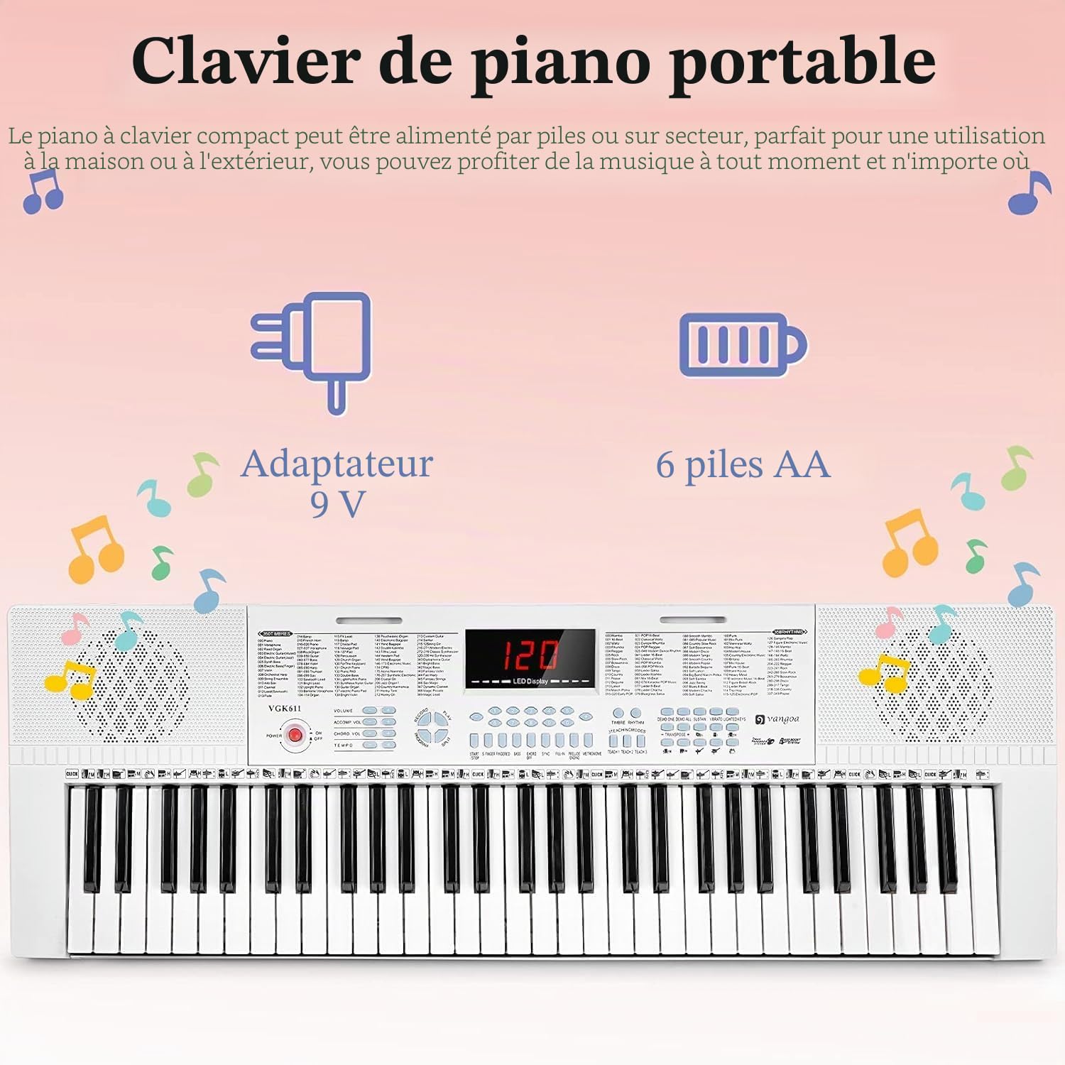 Vangoa Clavier de Piano 61 Lumineuses Mini touches Clavier électronique Piano avec microphone, 3 modes d'enseignement, 350 sons, 350 rythmes, 30 démos, Blanc