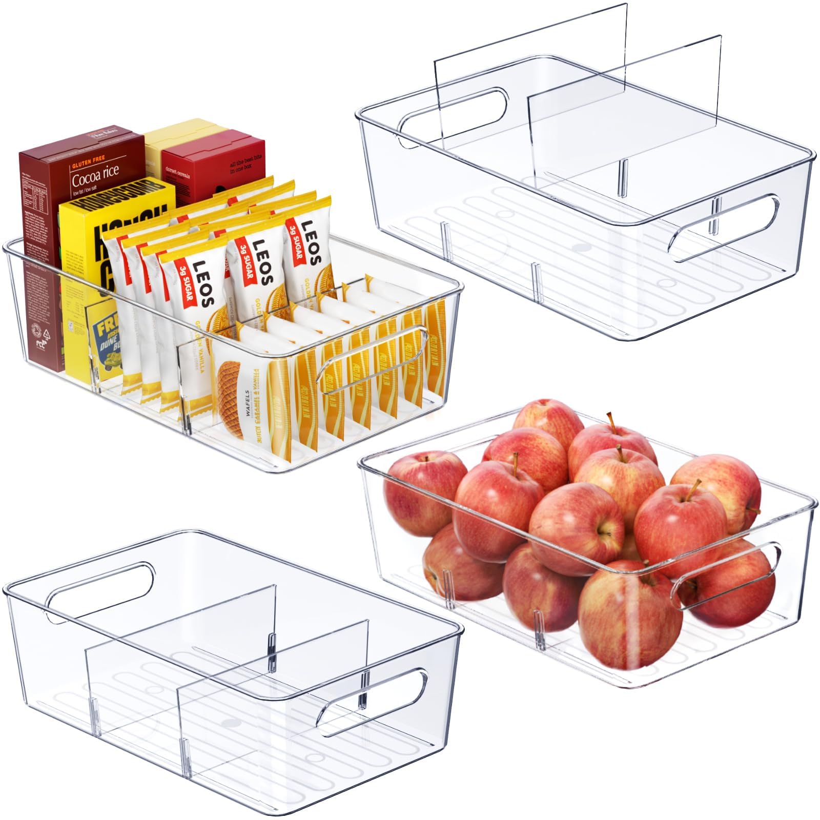 Mpotmiy Lot de 4 boîtes de rangement transparentes en plastique avec poignées et séparateurs amovibles – Convient pour armoire, réfrigérateur, cuisine, salle de bain, garde-manger