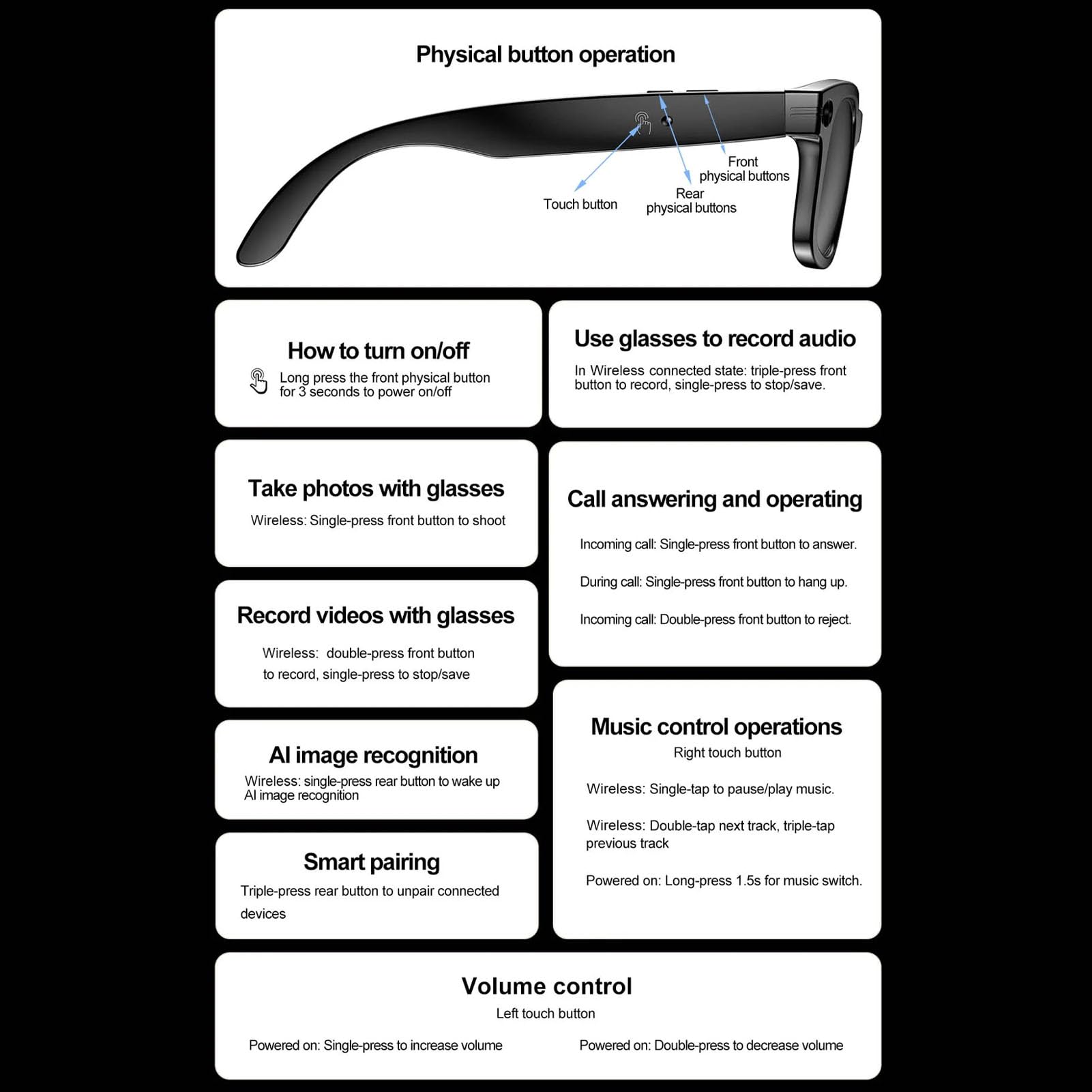 PUSOKEI Gafas Inteligentes Al con Cámara HD de 1080p, Traducción en Tiempo Real, Bluetooth 5. 4 Gafas de Grabación de Vídeo para Hombres y Mujeres, Parlantes Abiertos y Micrófono (Gafas de Sol)