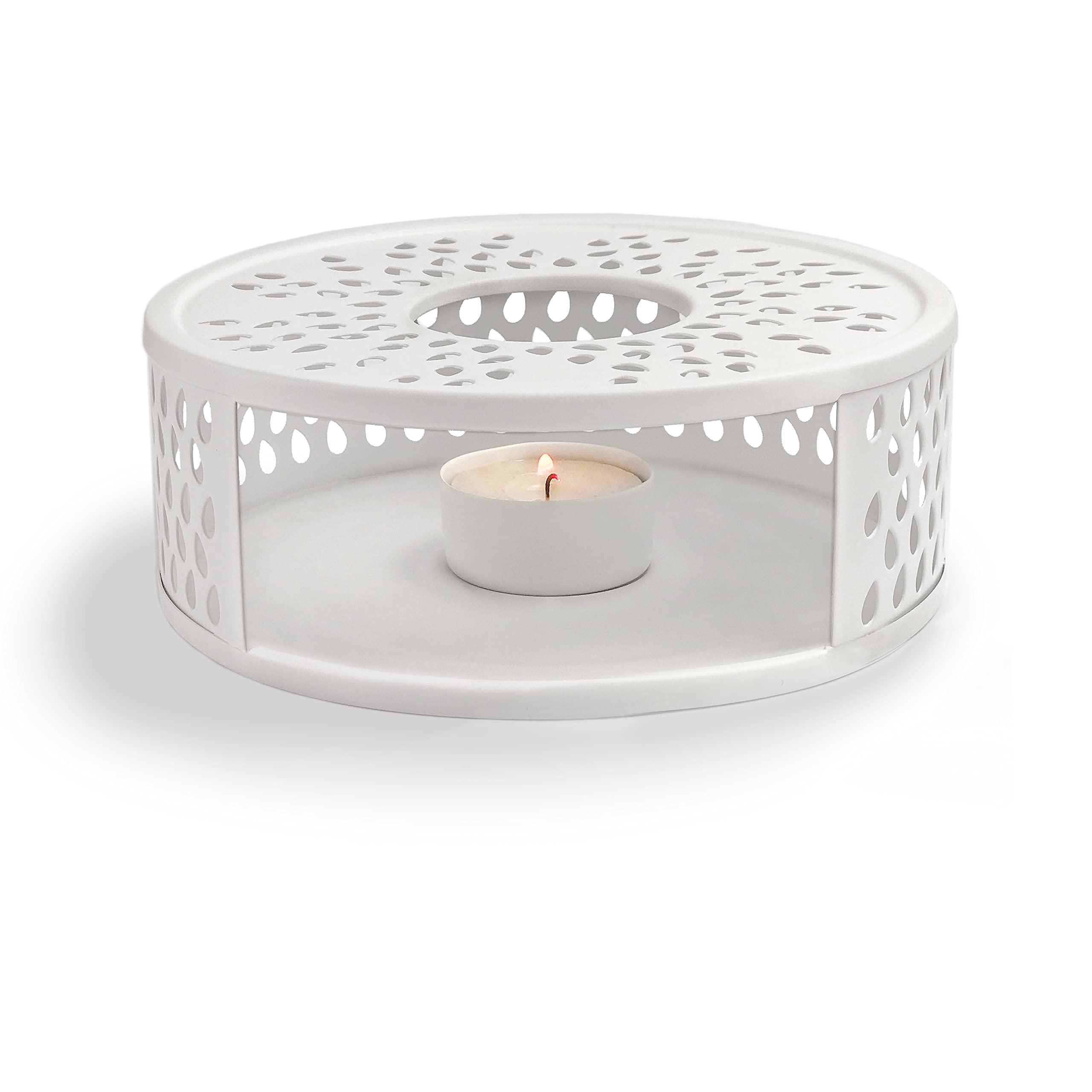 Creano "Leaf" Teapot Warmer in White Stainless Steel – Elegant Tea Warmer with Leaf Cut-outs for Teapots & Glass Pots – Includes Tealight Holder — image 1
