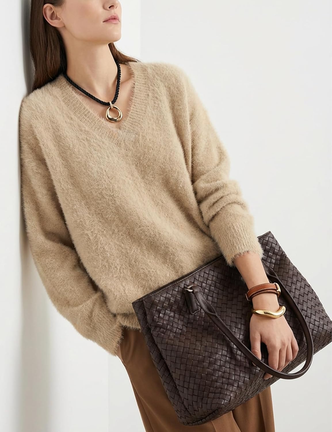 Women's Fuzzy Sweater Oversized V Neck Sweaters Cozy Soft Knit Fluffy Pullover Loose Jumper Top - Image 3