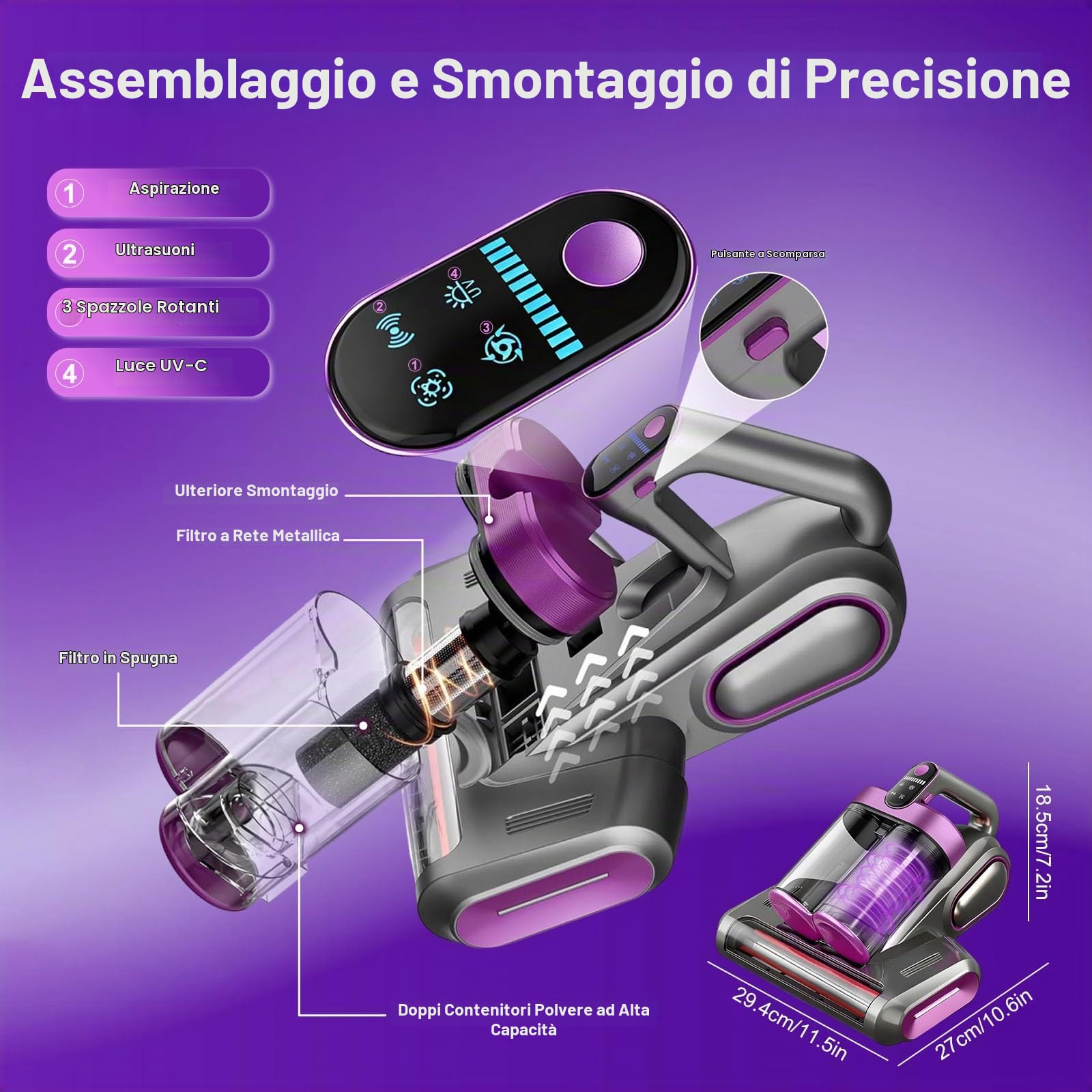 Aspiratore acaro senza fili per materassi, aspirapolvere acari con luce UV da 253,7 nm, ultrasuoni e spazzole rulli, aspiracari della polvere, allergeni e peli di animali (viola)