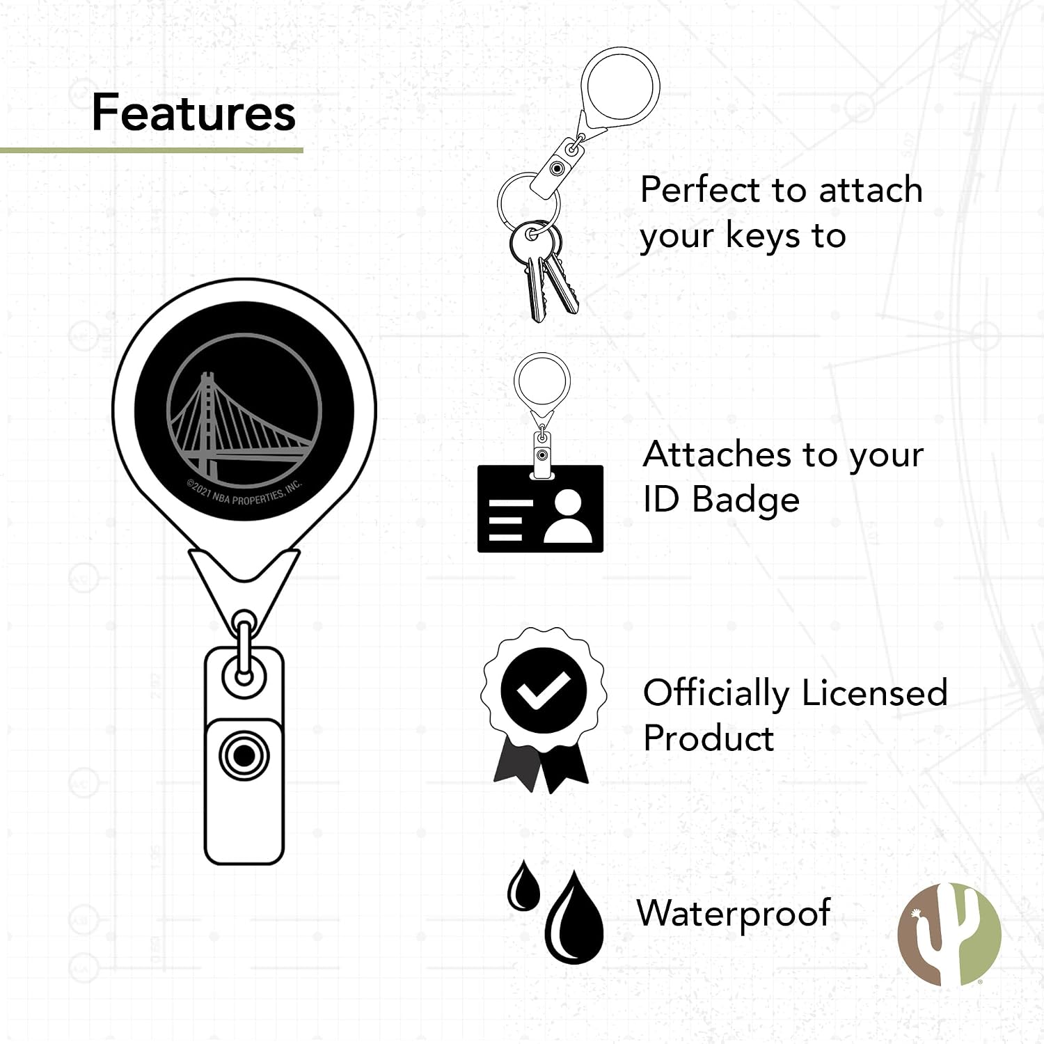 Desert Cactus Golden State Warriors Retractable Badge Holder NBA ID Reel with Ticket Clip for Lanyard, Work, School & Office Access (Badge Reel A with Pouch)