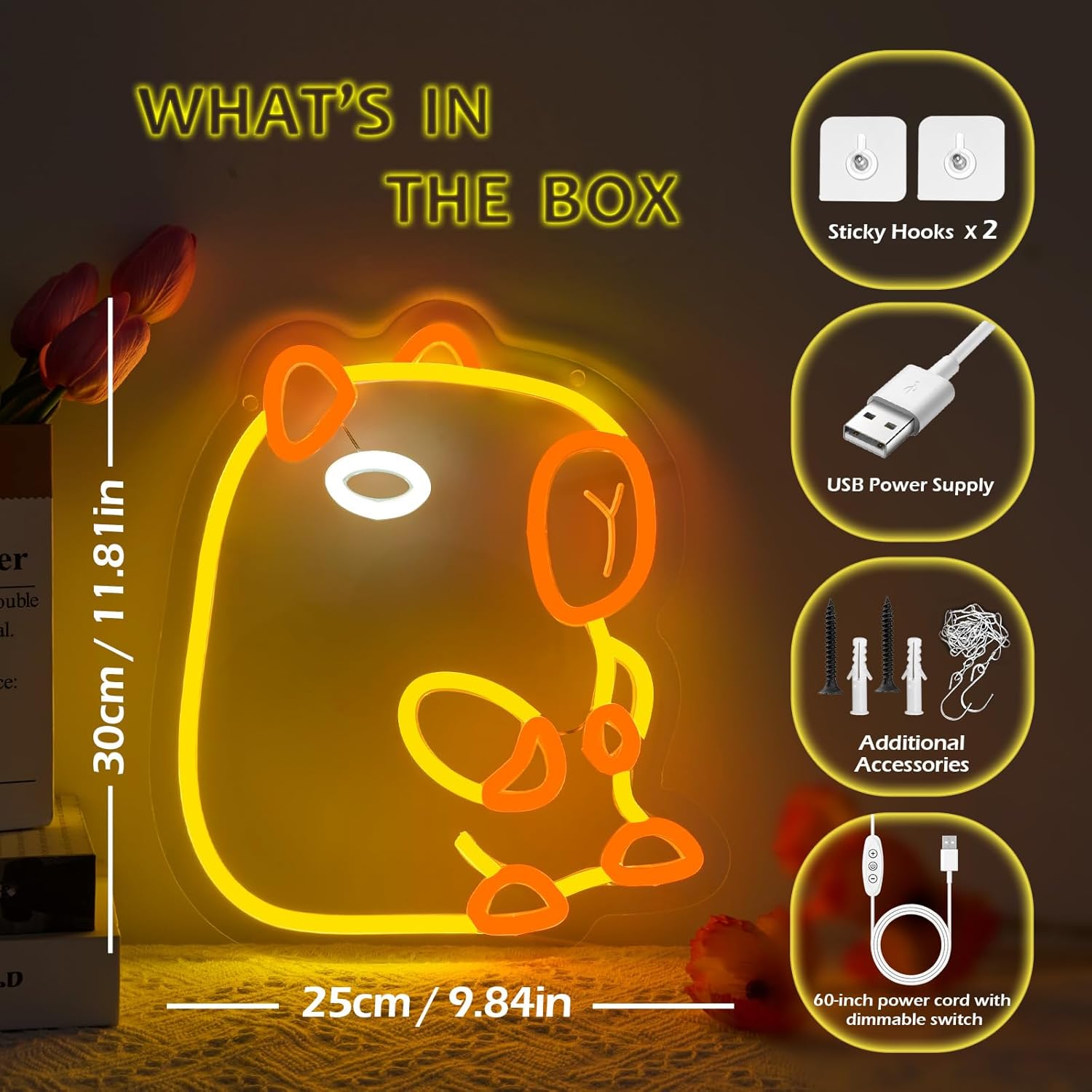 Capybara Neon Sign, LED Capybara Night Light for Wall and Room, USB Night Light for Kids Baby Nursery College Dorm Kawaii Décor Gifts