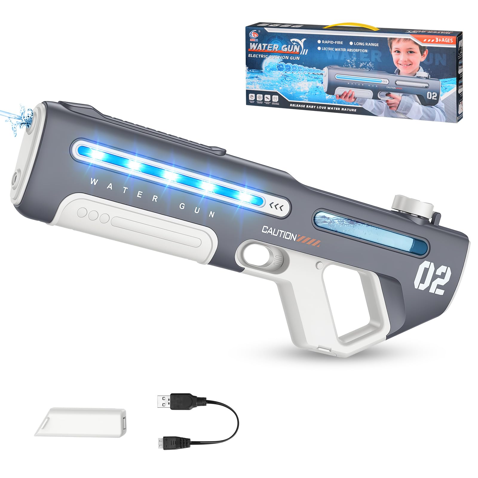 Electric Water Gun for Kids & Adults, Automatic Water Pistol with LED Lights & Auto-Suction, 6-8m Long Range Continuous Shooting Water Blaster, Summer Outdoor Toys for Garden, Beach, Pool (Gray)