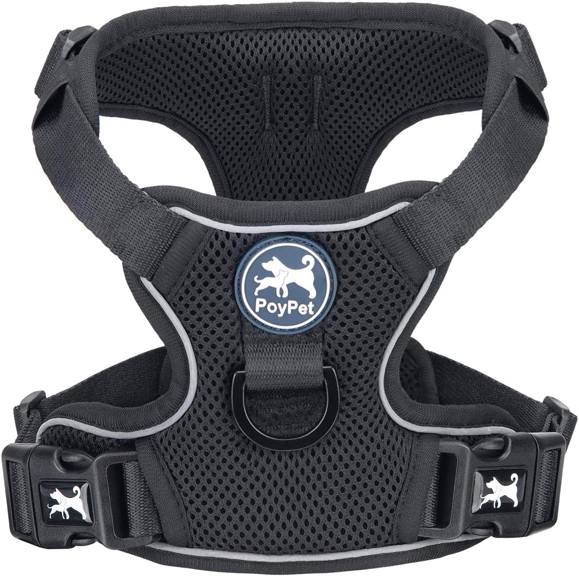PoyPet Reflektierendes, weiches, atmungsaktives Hundegeschirr aus Mesh, erstickungsfreie, doppelt gepolsterte Weste mit verstellbarem Hals und Brust(Schwarz,XL)