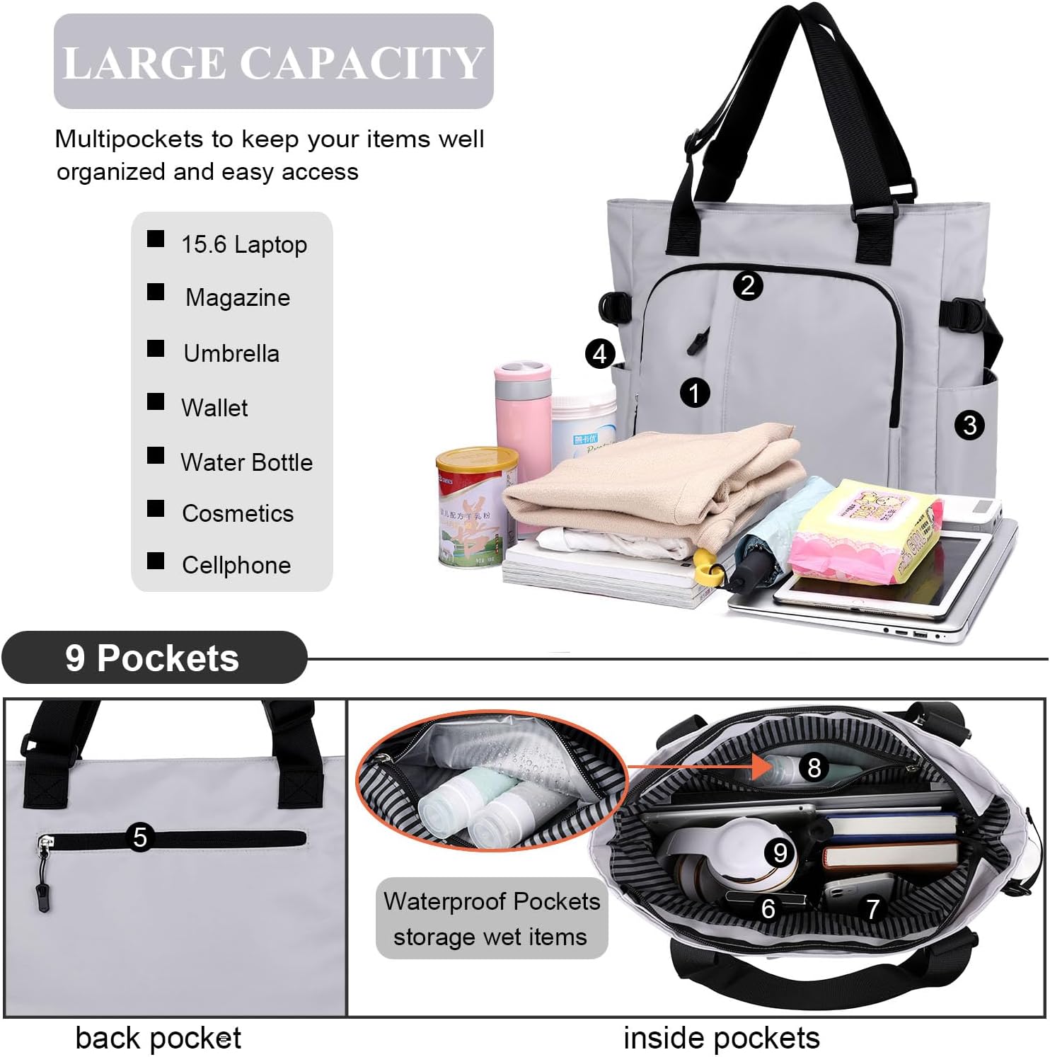 Tote Bag, Waterproof Nylon Shoulder Bags Laptop Work Bag Multi Pockets Teacher Purses and Handbags for Women Men