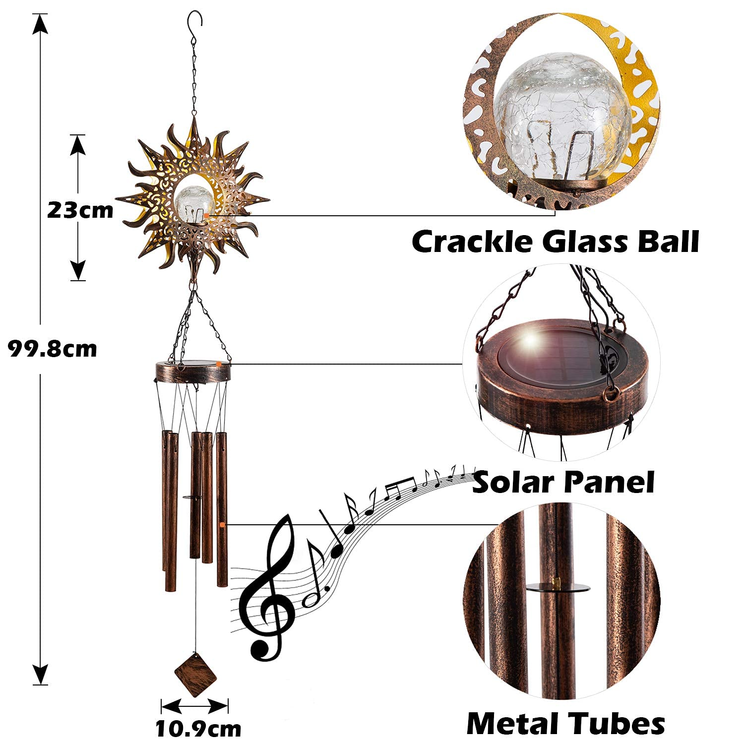 Solar Wind Chimes Sun Flame Aluminium Rurki wiatr Nocna noc lekka wystrój domu na zewnątrz domowe wiatrowe prezent na ogrodowy podwórko patio trawnik