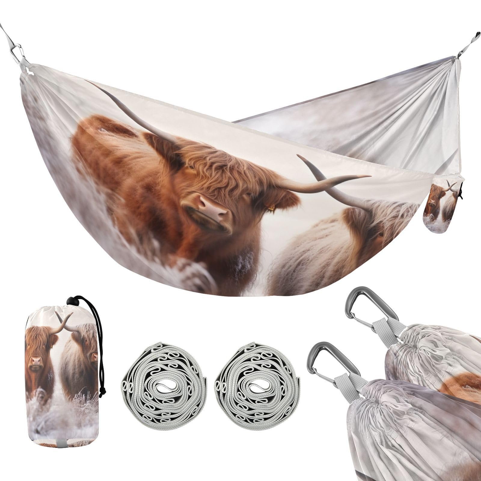 SDMKA Highland Cattle Camping Hammock, 330 lbs with 2 Tree Straps, Carry Bag, Single Portable Hammock for Outdoor/Indoor, Hiking, Beach, Backpacking, Travel
