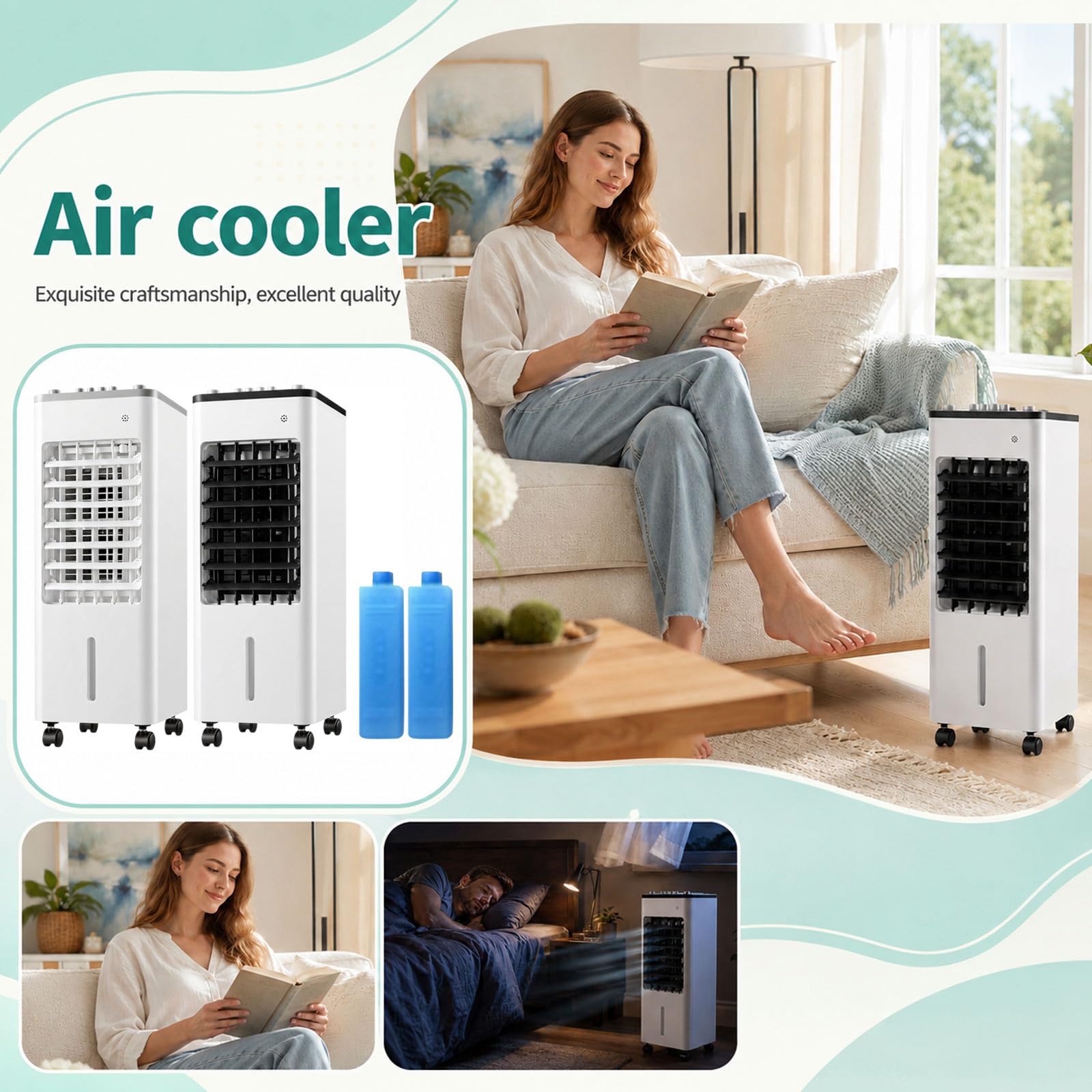 Ventilator mit Wasserkühlung,Verdunstungsluftkühler, fensterlose tragbare Klimaanlage mit Tank, 3 Geschwindigkeiten, 90° Oszillation, Kühlventilator für Home Office Schlafzimmer