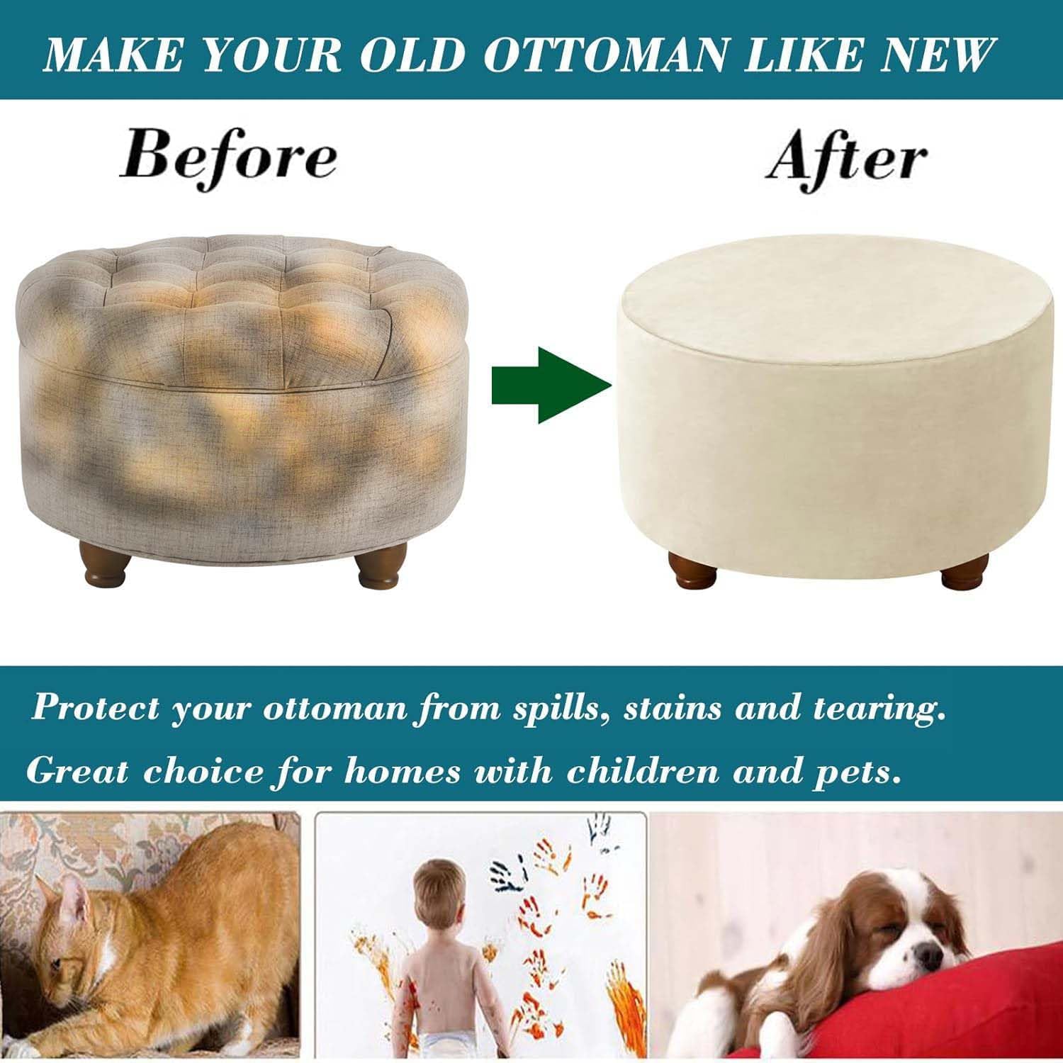 Stretch Ottoman Cover Round Ottoman Slipcovers Furniture Protector Folding Storage Stool Furniture Protector Soft Slipcover with Elastic Bottom,Taupe 1,XL1