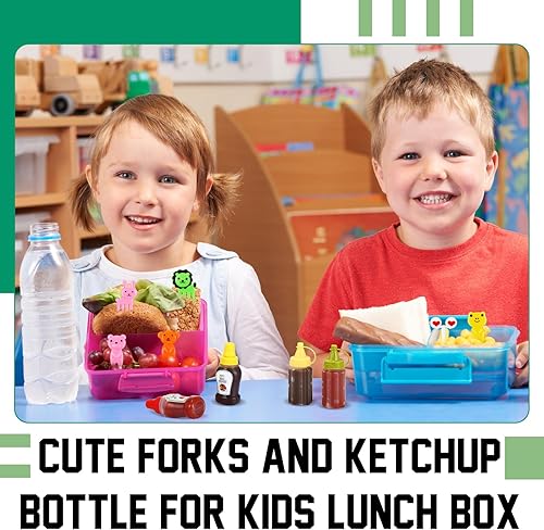 Miniatura 6 de Hoolerry 8 mini botellas de condimentos de ketchup con 36 piezas de palillos de comida de animales para niños, contenedor de aderezo de ensalada,