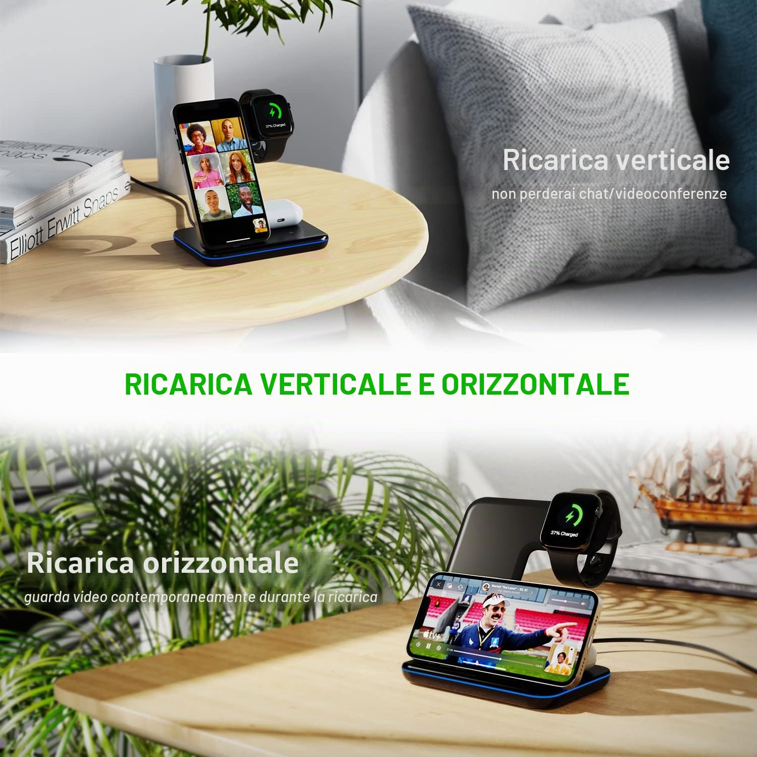 Minthouz Wireless Charger, stazione di ricarica induttiva 3 in 1 con adattatore da 18 W per più dispositivi Apple, iWatch S8/7/6/5/4/3/SE2/SE (ONLY), AirPods 3/Pro, Qi compatibile con iPhone