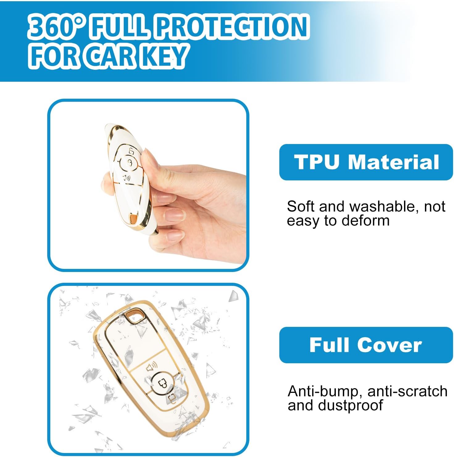 Rislobx 3 Buttons TPU Key Fob Cover for Ford, Key Fob Case for 2018 2019 2020 2021 2022 2023 2024 Ford Explorer F-150 Fusion Mustang Escape Edge Bronco Ranger Expedition (White)