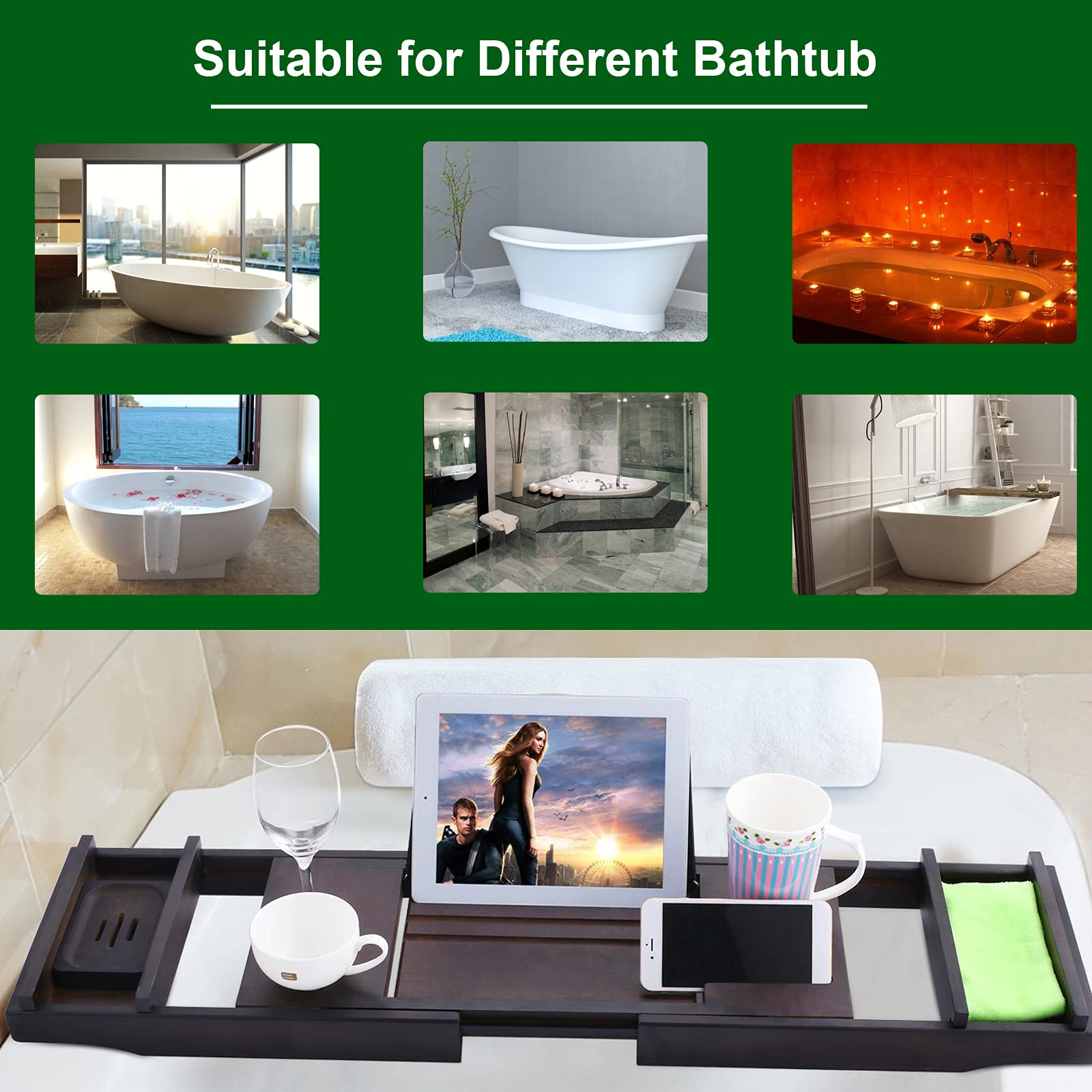 Vassoio Bagno Portaoggetti Temple Spring Vassoio Da Bagno Estensibile Per Vasca Da Bagno Con Candele, Bicchieri Da Vino, Libri, Supporti Per IPad E Telefono,vassoio Da Bagno Regolabile In Bambù Sopra Gli Accessori - 8