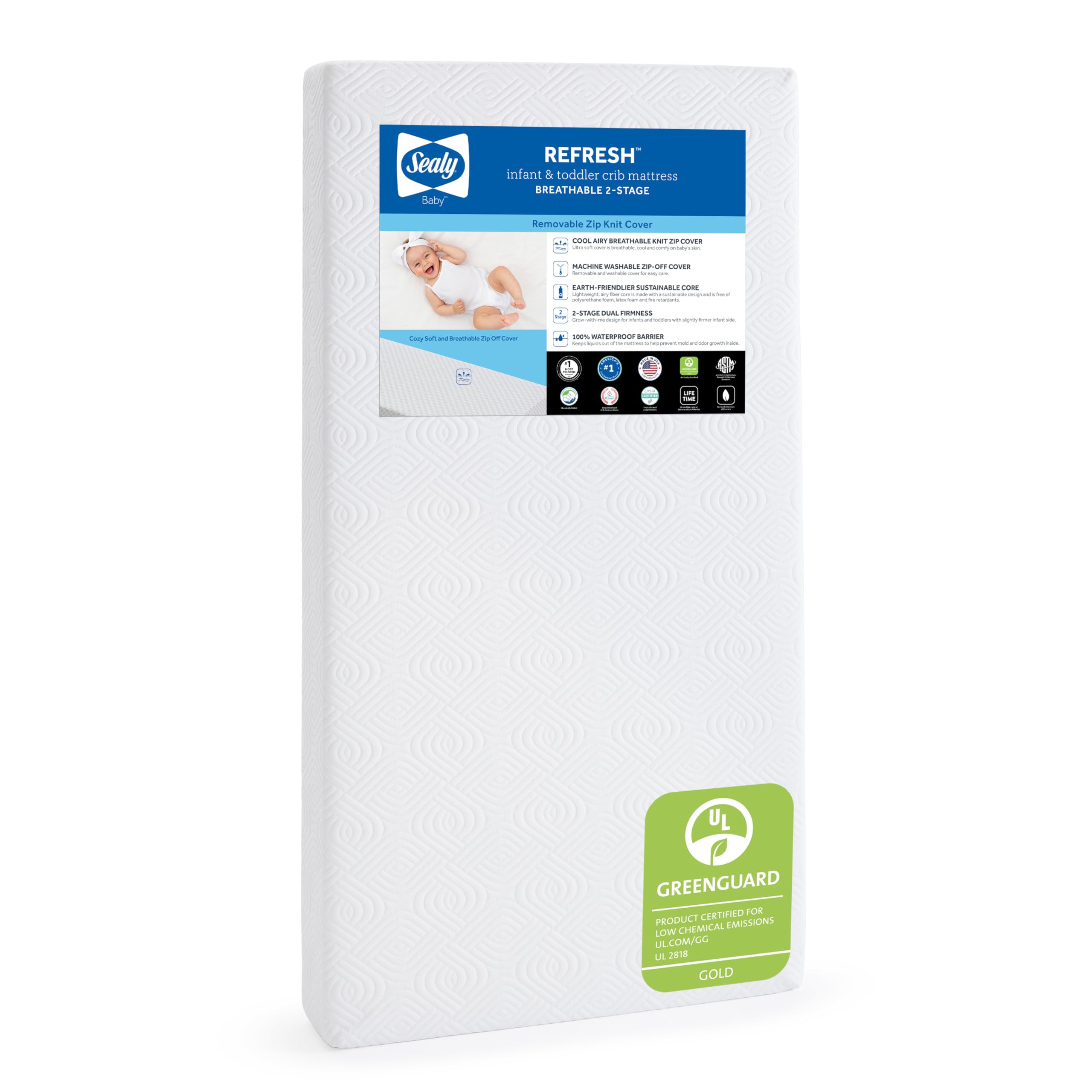Sealy Baby Refresh Breathable 2 Stage Waterproof Crib Mattress Plus Toddler Bed Fit, Removable Knit Cover, GREENGUARD Gold Certified, Safety & Quality