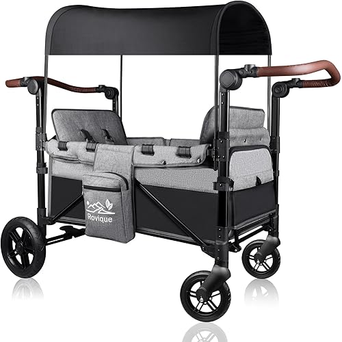 Wagon Stroller for 2 Kids, All-Terrain Stroller Wagon with Extra Long Extender, Aluminum Foldable Wagon with Convertible Seats, Removable Canopy, Snack Tray, Adjustable Push/Pull Handle