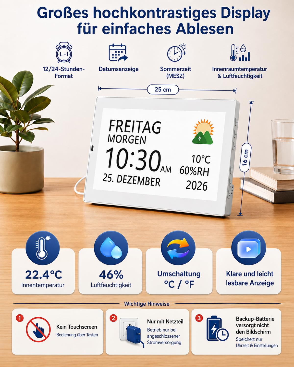 ROCAM Demenzuhr Senioren 10,1 Zoll Digitaler Wecker mit Kalender | 20 Alarmen und Erinnerungen, Großes IPS Display, Datum, Wochentag, Temperatur, Luftfeuchtigkeit, Foto-Diashow über USB/SD