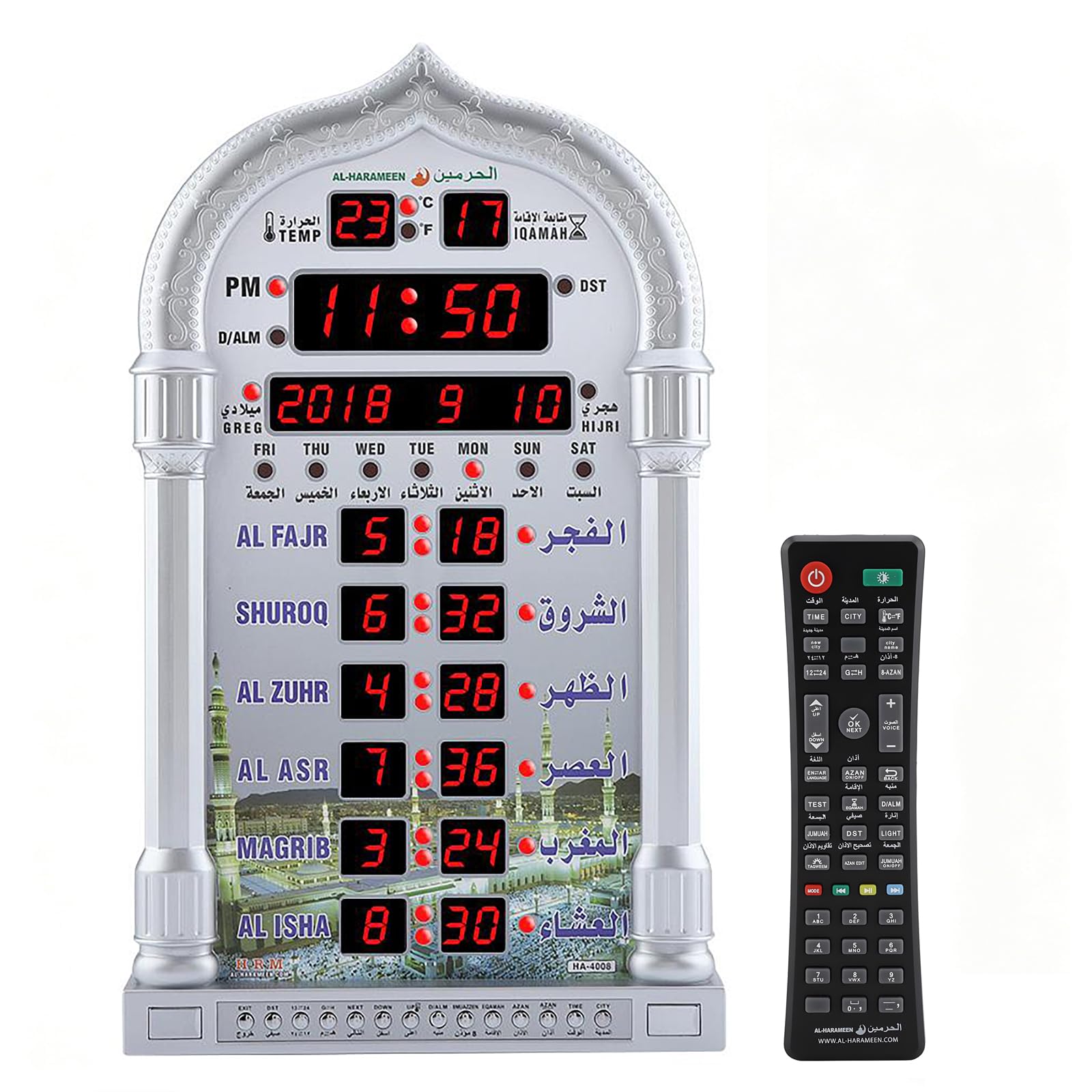 Fyearfly Muslim Azan Gebetsuhr – LCD Automatische Islamische Gebetsuhr, Zuhause/Büro/Moschee, Digitale Dekorative Wanduhr/Desktop (Fernbedienung + EU-Stecker)
