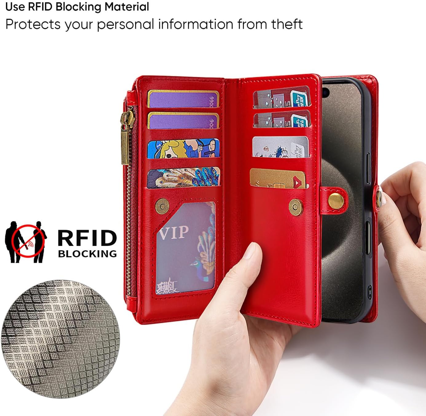 MInCYB for iPhone 16 Pro Max Wallet Case – Detachable Magnetic Wallet with RFID Blocking, PU Leather Zipper & Strap for Women Men Red