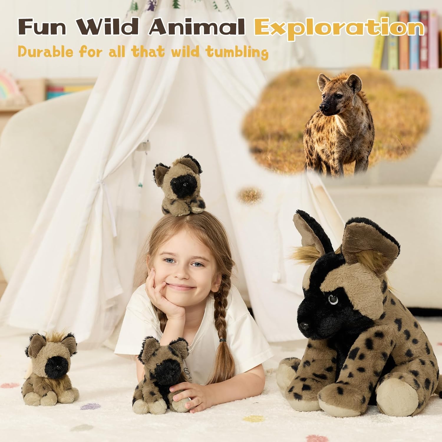 MorisMos 4 Pcs African Wild Dog Stuffed Animals, 18 Inch Mommy with 3 Baby Cubs, Soft Fluffy Animal Plush Toys Gifts for Kids, Wildlife Lovers & Collectors