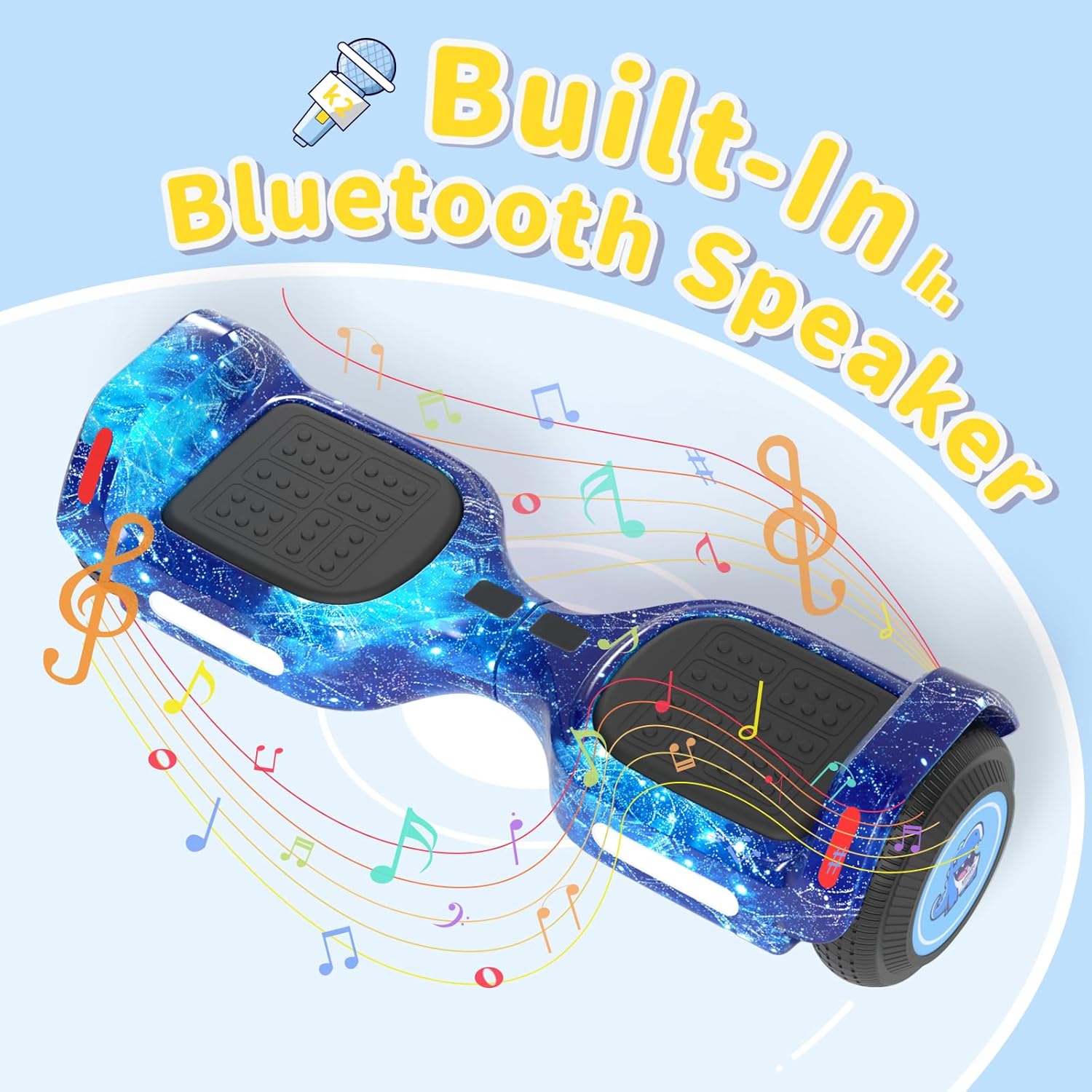 SIMATE Scooter with musical notes indicating built-in Bluetooth speaker functionality