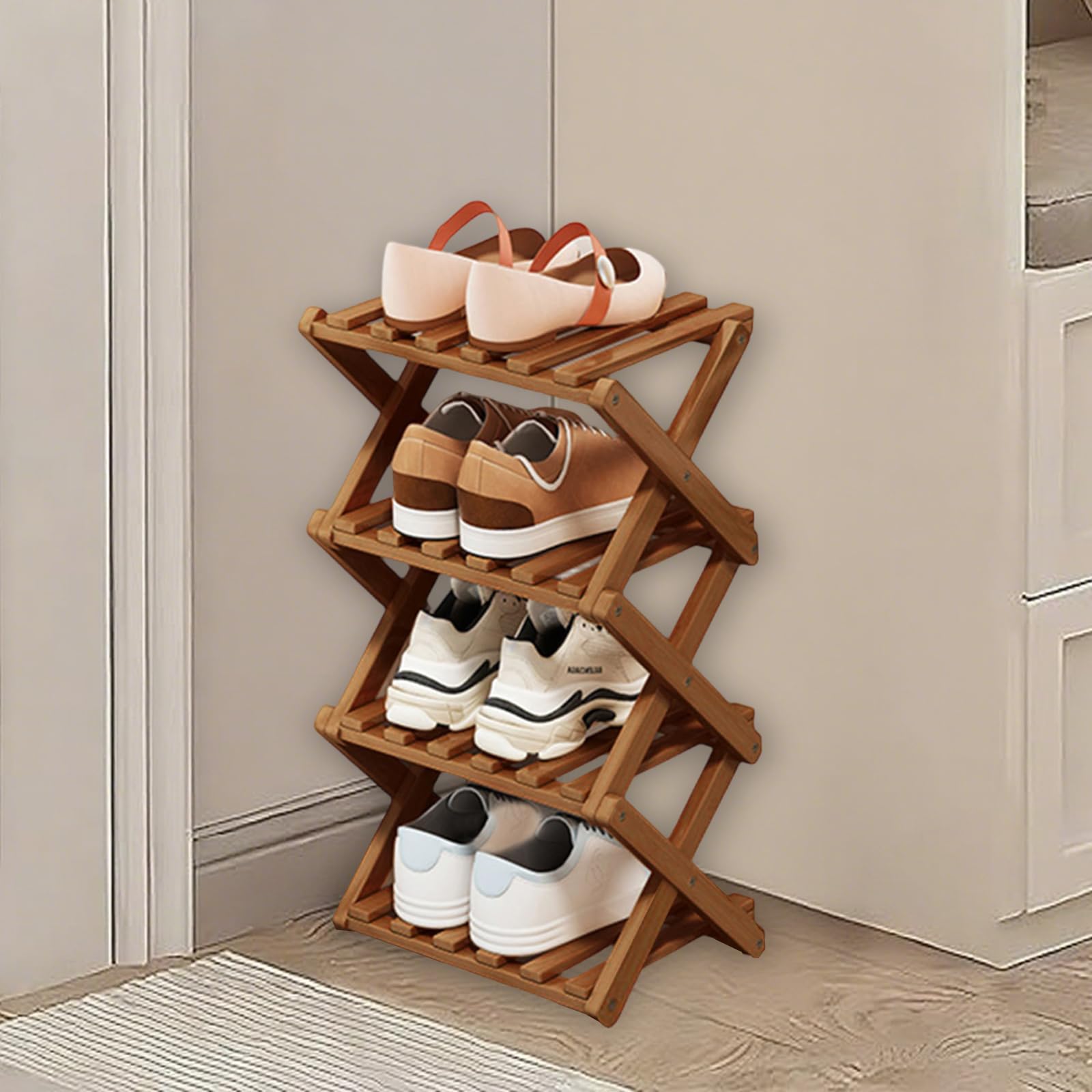Kiss Me 4-Tier Foldable Bamboo Shoe Rack Narrow Vertical Organizer