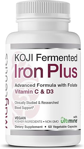 Koji Fermented Iron Plus - Suplemento de hierro con vitamina C, vitamina D3 y folato para apoyo sanguíneo, fácil de absorber y biodisponible, apto