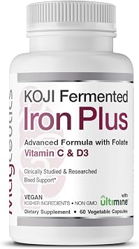 Koji Fermented Iron Plus - Iron Supplement with Vitamin C, Vitamin D3 and Folate for Blood Support, Easily Absorbed and Bioavailable, Stomach Friendly, Vegan, Non-GMO - 60 Capsules