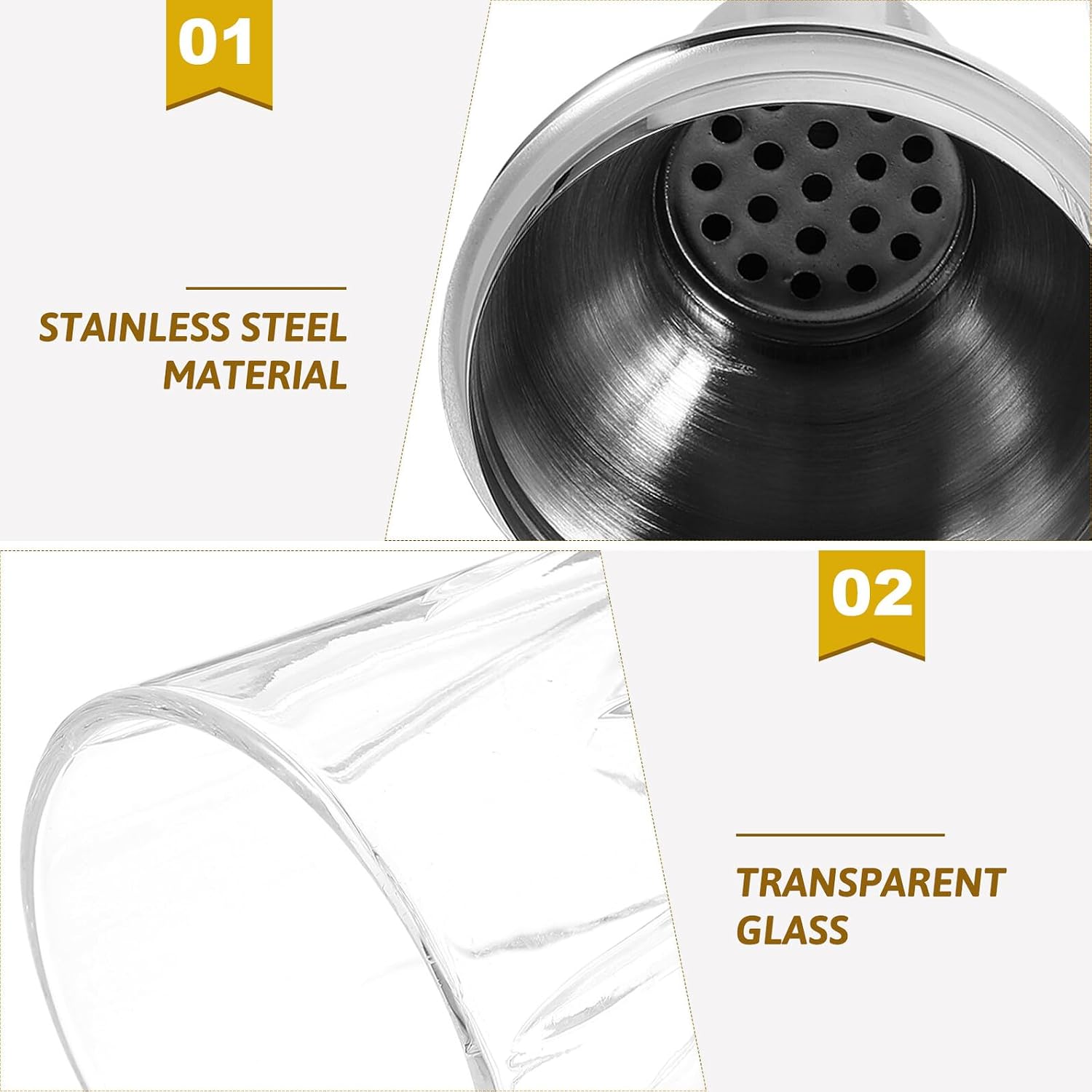 Glass Cocktail Shaker with Stainless Steel Lid, Leakproof Drink Mixer for Cold Drinks, Bar Wine Shaker Suitable for Home and Professional Bartenders