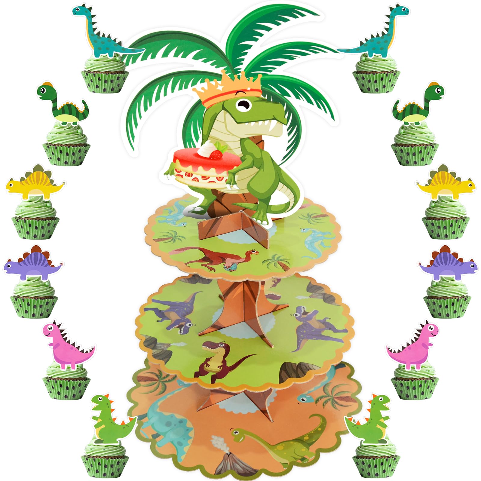 Dinosaur Cupcake Stand - 3 Tier Green Dinosaur Cupcake Stand with 12 Pcs Dinosaur Cupcake Toppers Dino Theme Birthday Party Supplies Dinosaur Birthday Party Decorations for Boys