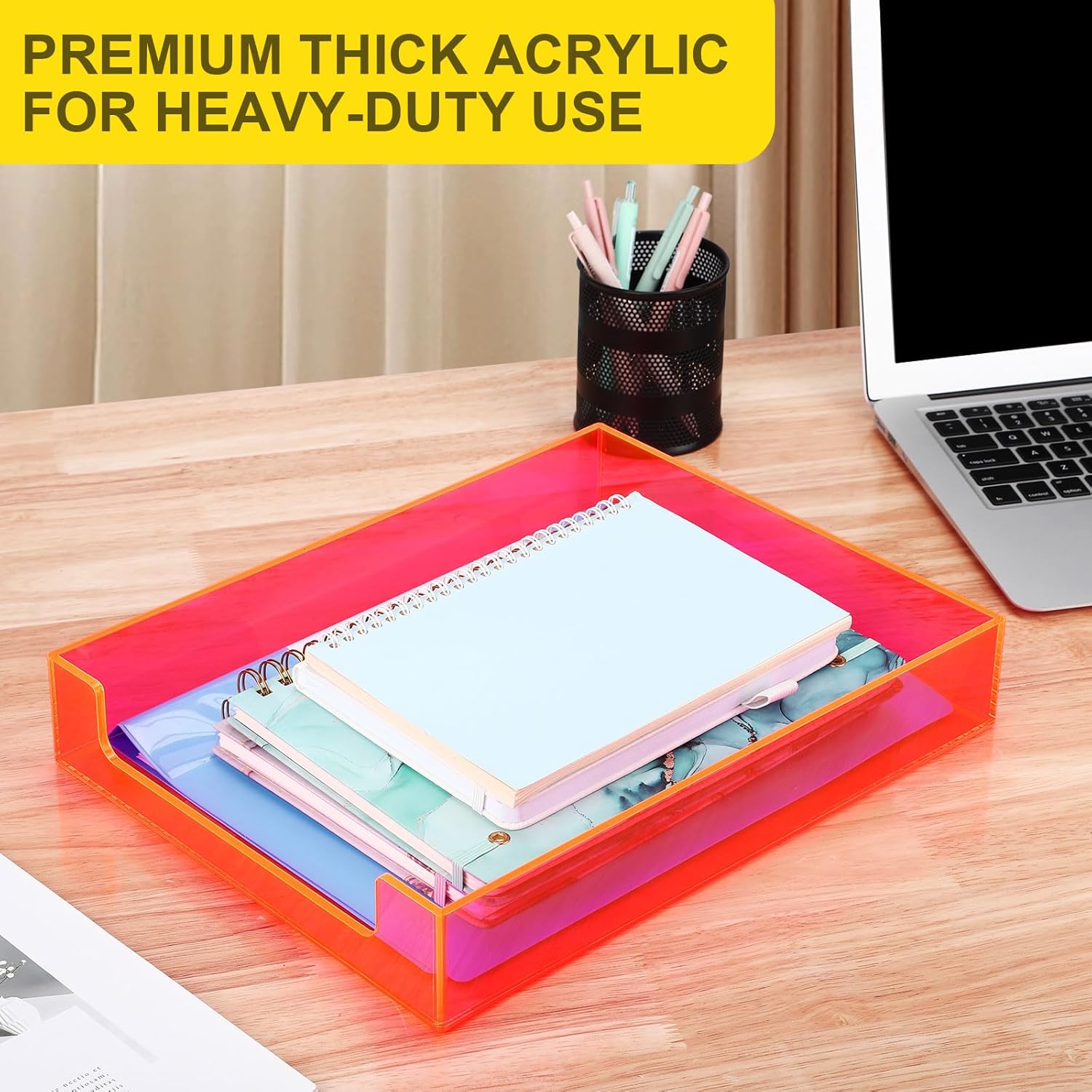 Paper Tray Acrylic File Organizer for Desk Letter Tray Desk Organizer Document Holder Sorter Storage for A4 Office Supplies Magazines, 13.8x10.6x2.4 Inches, Neon Pink