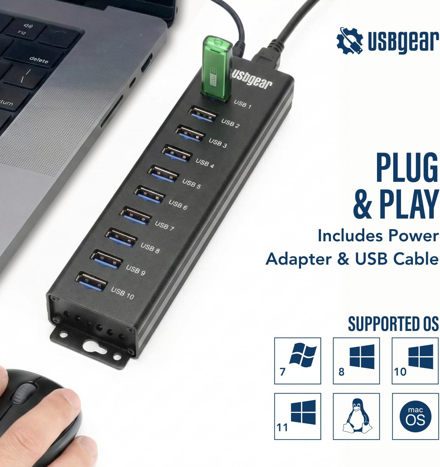 USBGear 10-Port USB Hub 3.2 Gen 1 – Mountable SuperSpeed Data Hub with USB Ports for Laptop, PC, Desktop, and More, 5V/4A Power Adapter with Type-A to Type-B Cable (3ft), Computer Accessories