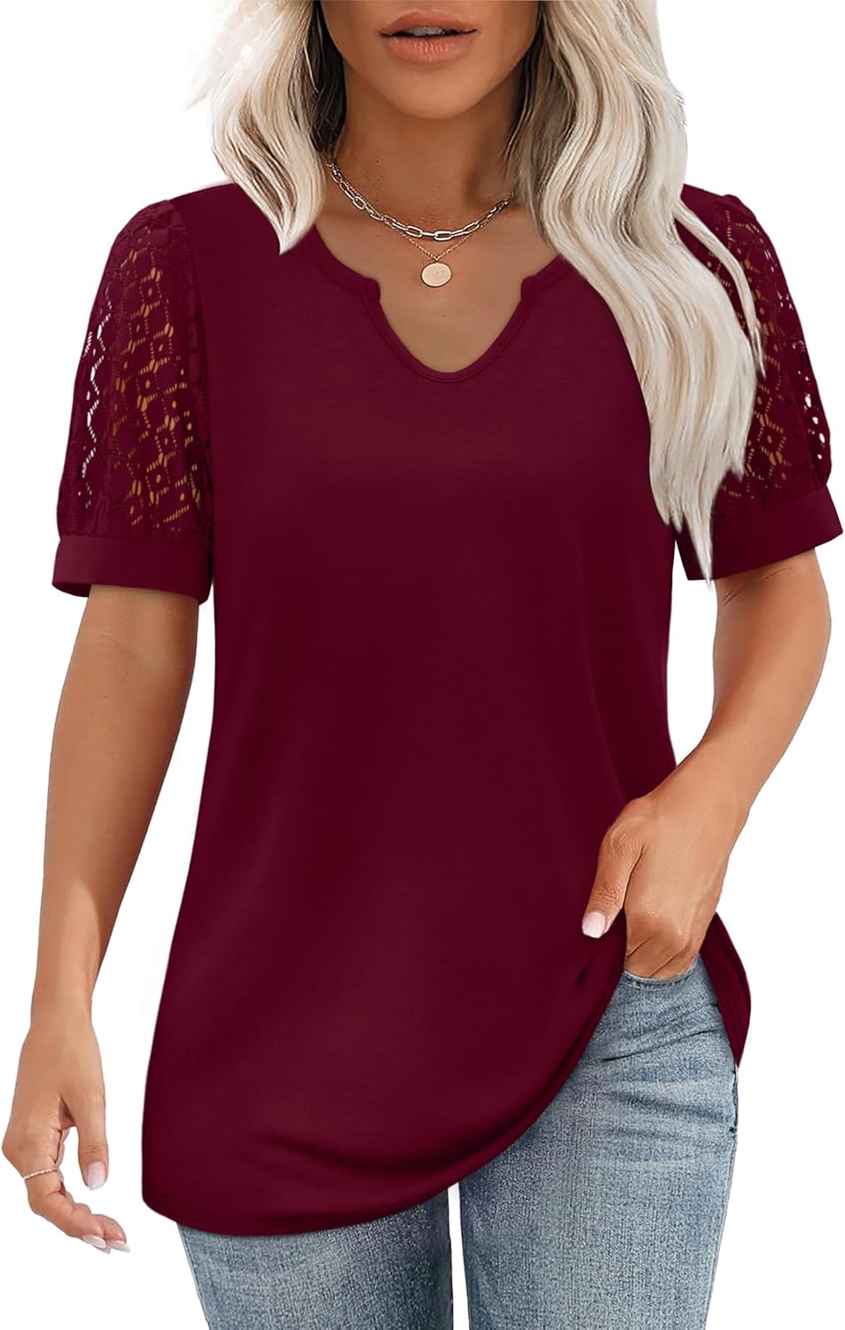 OFEEFAN Womens Tshirts Notch Neck Tops Lace Short Sleeve Tops Dressy Casual Blouses Loose Fit - Image 2