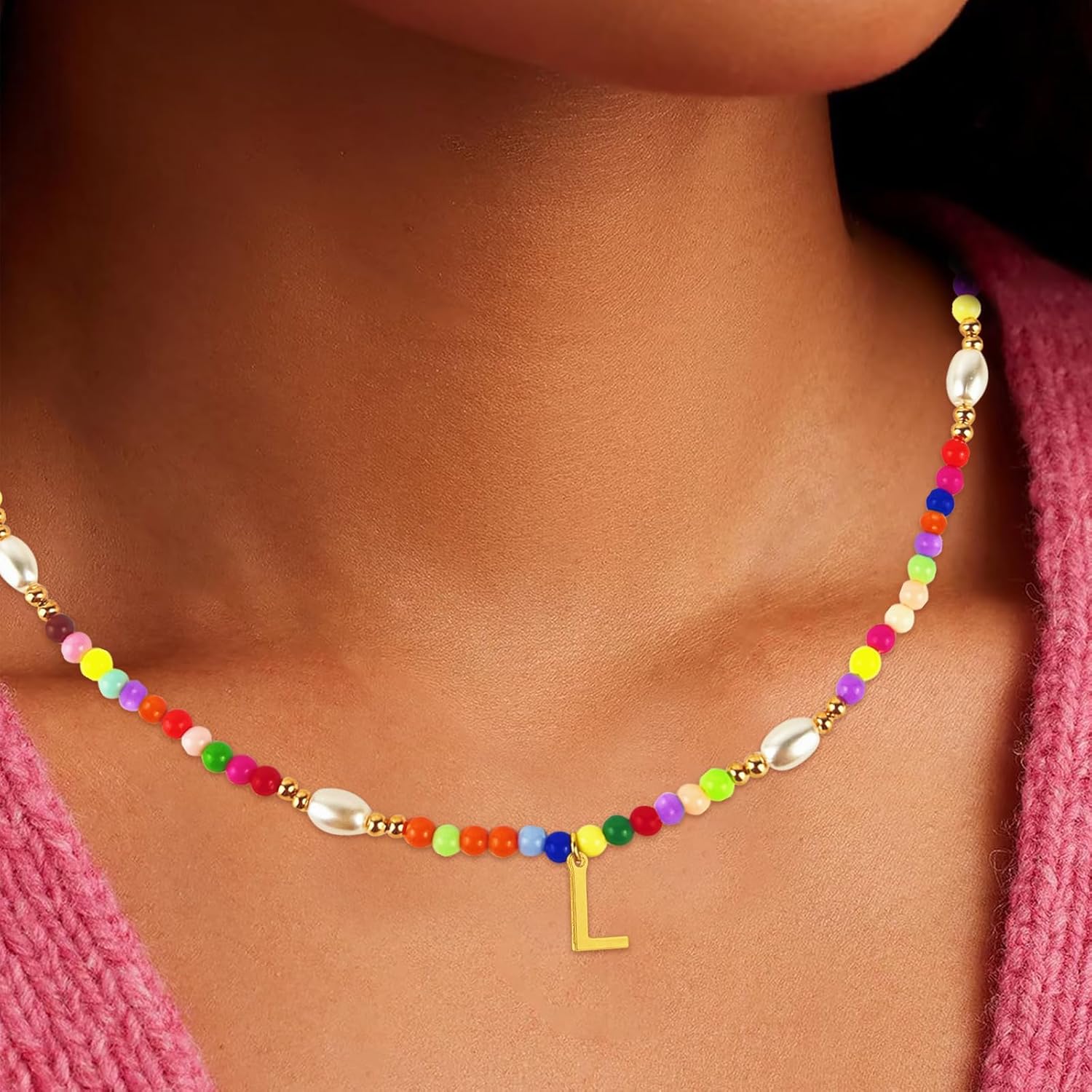 Beaded Initial Necklaces with Pearl - Trendy Gold Plated Choker Necklace for Girls Women Teen Preteen, Personalized Letter Jewelry Holiday/Birthday Gifts for Kids - Image 2
