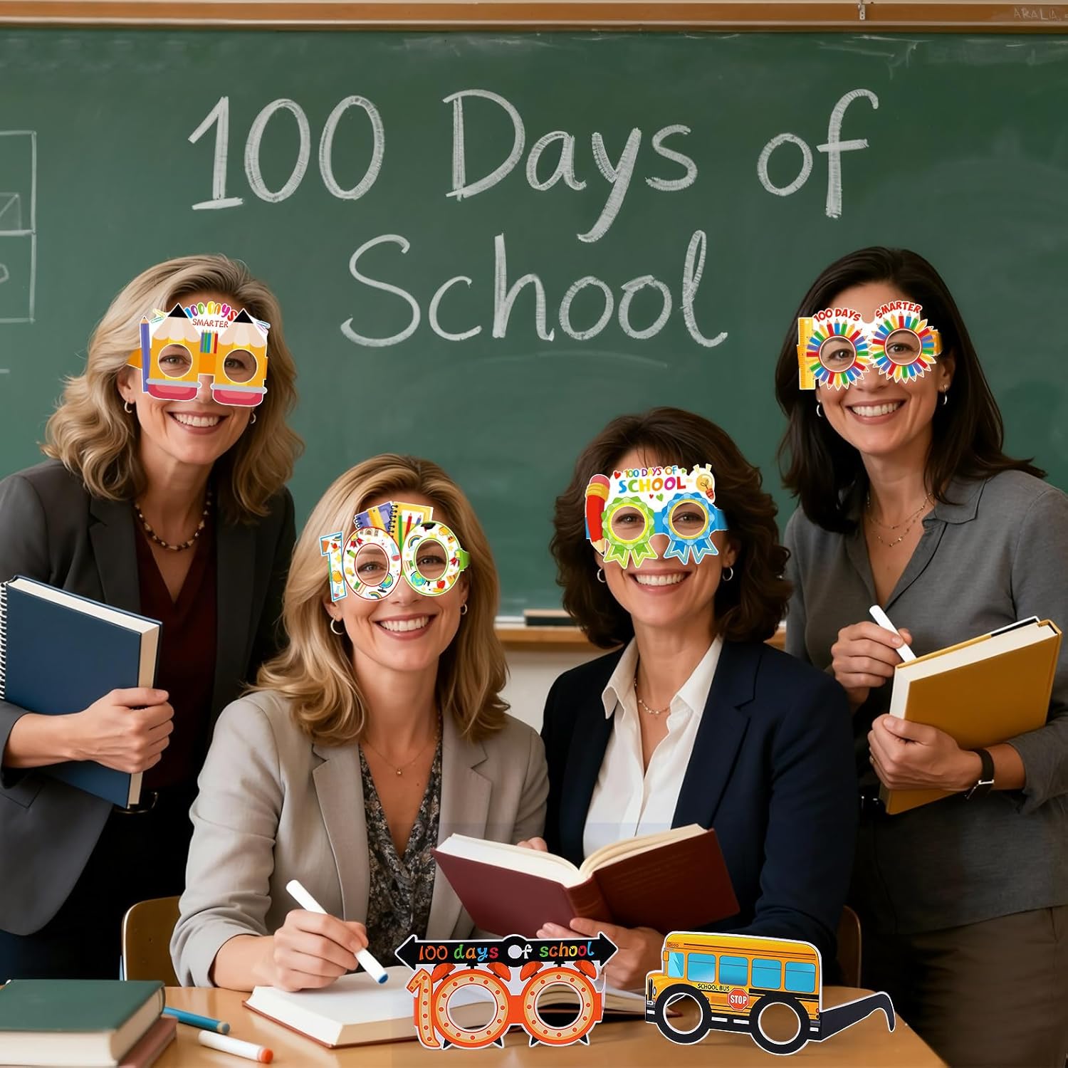 32 Pcs 100th Day of School Party Decorations 100 Days of School Paper Eyeglasses Back to Classroom Photo Booth Props for Kids Students Kindergarten Preschool Primary Party Favor Supplies