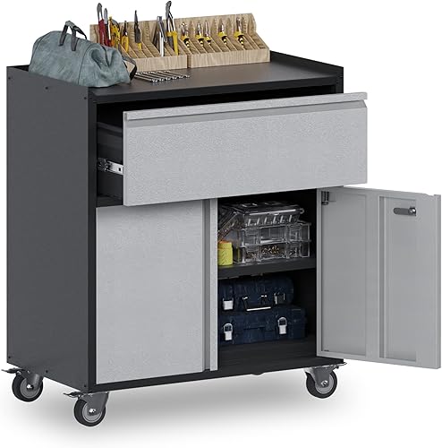 Reemoon Armario de almacenamiento de metal con ruedas, cofres de herramientas rodantes y armarios con puertas y estantes de bloqueo, 1 cajón, negro